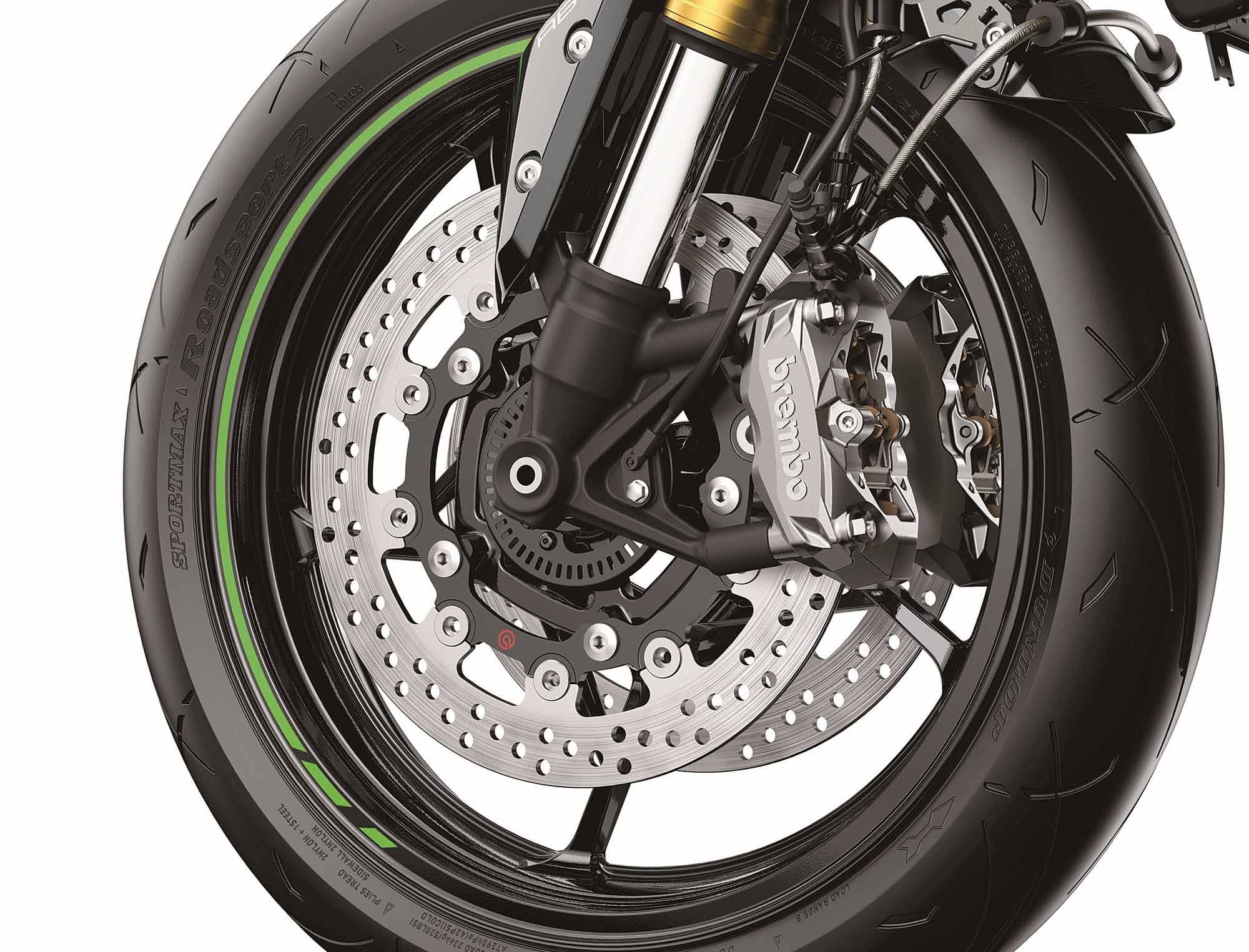 Brembo brakes, stainless steel braided lines, and a radial pump master cylinder improve power and progression up front. ABS is standard.