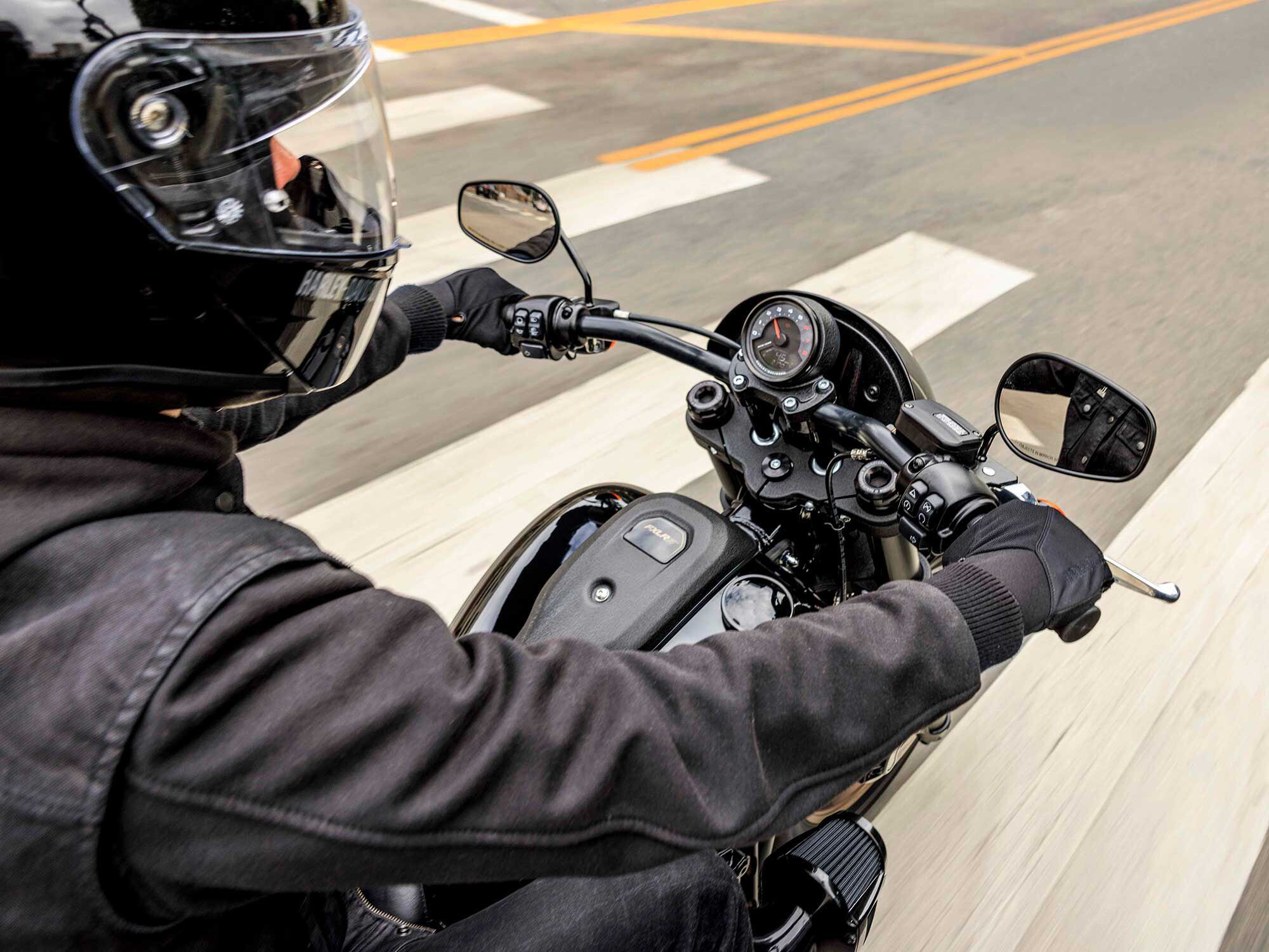 The cockpit of the 2022 Low Rider S places the instruments—now just a single gauge—up on the riser for better visibility.