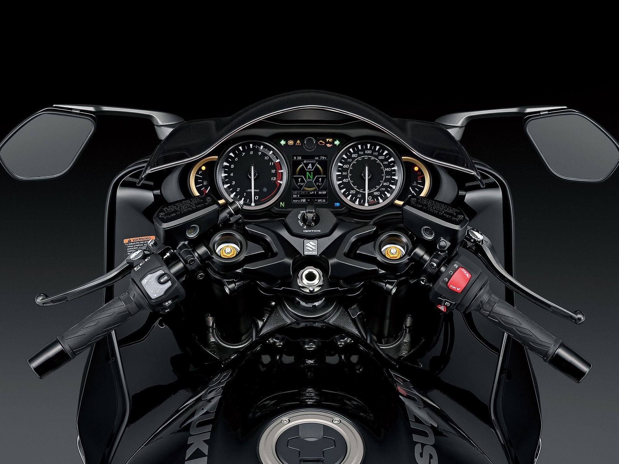 A very Hayabusa cockpit with a color TFT screen to interface with rider aids and other menus.