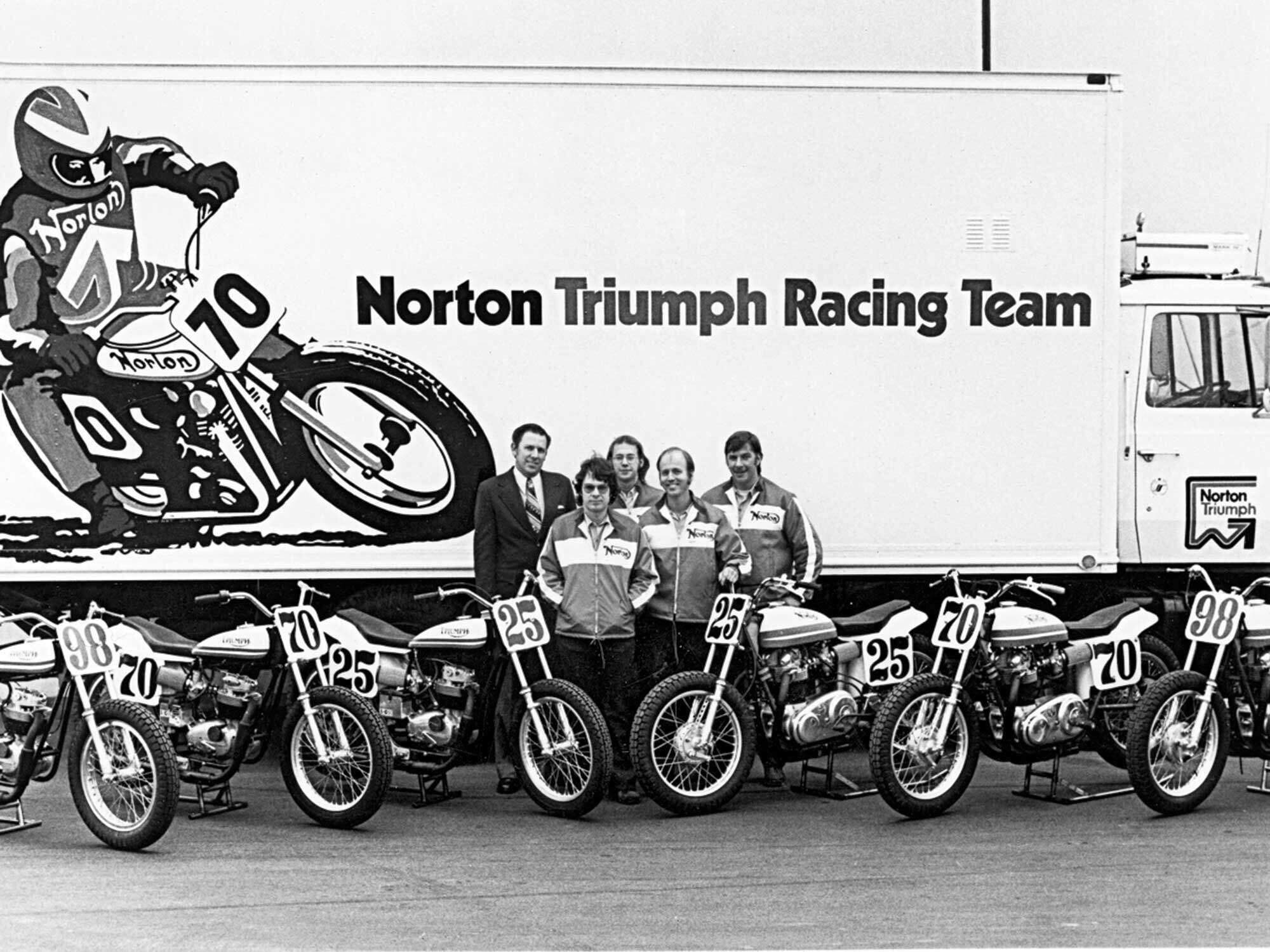 The 1975 Norton-Triumph Racing Team. From left to right: Bob Tryon, Brent Thompson, Steve Storz, Jim Messler, and Sterling Goin.