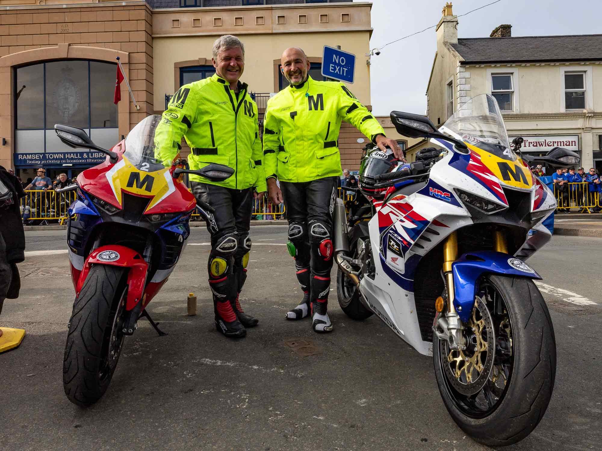 Augmenting the army of course marshals are seven Traveling Marshals stationed around the course. Traveling Marshals have race experience and emergency medical training and must be capable of riding a 100-mph lap. Both Jim Hunter, left, and Steve Grainger have competed in the Manx Grand Prix.