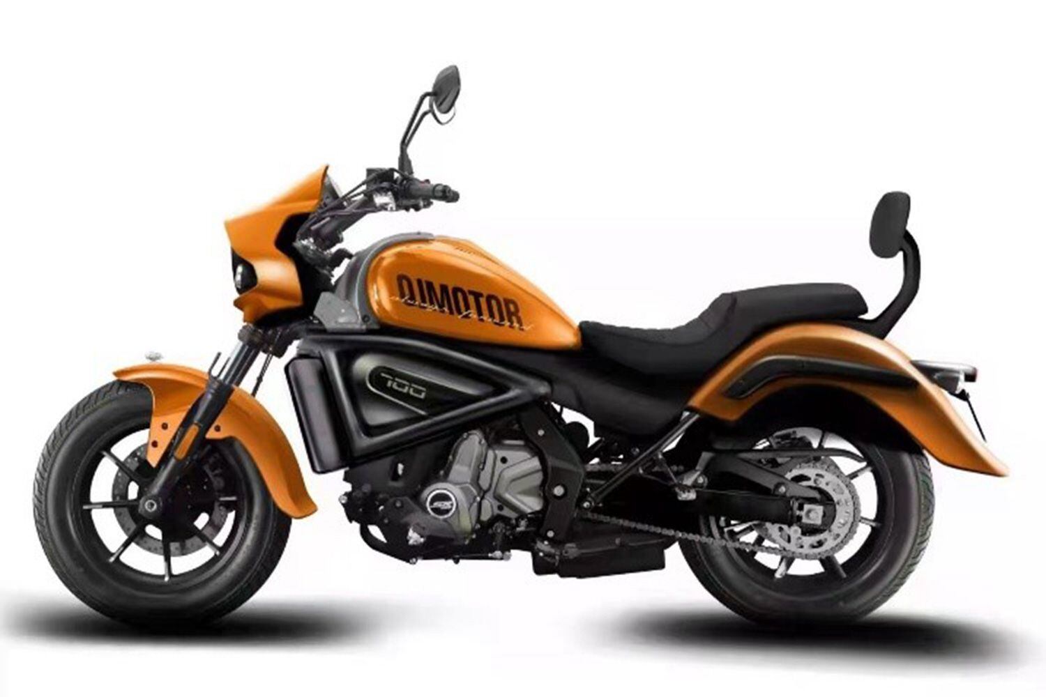 One of QJmotor’s new cruiser designs places Harley-like styling atop a steel tube frame, with a 693cc twin engine for power.