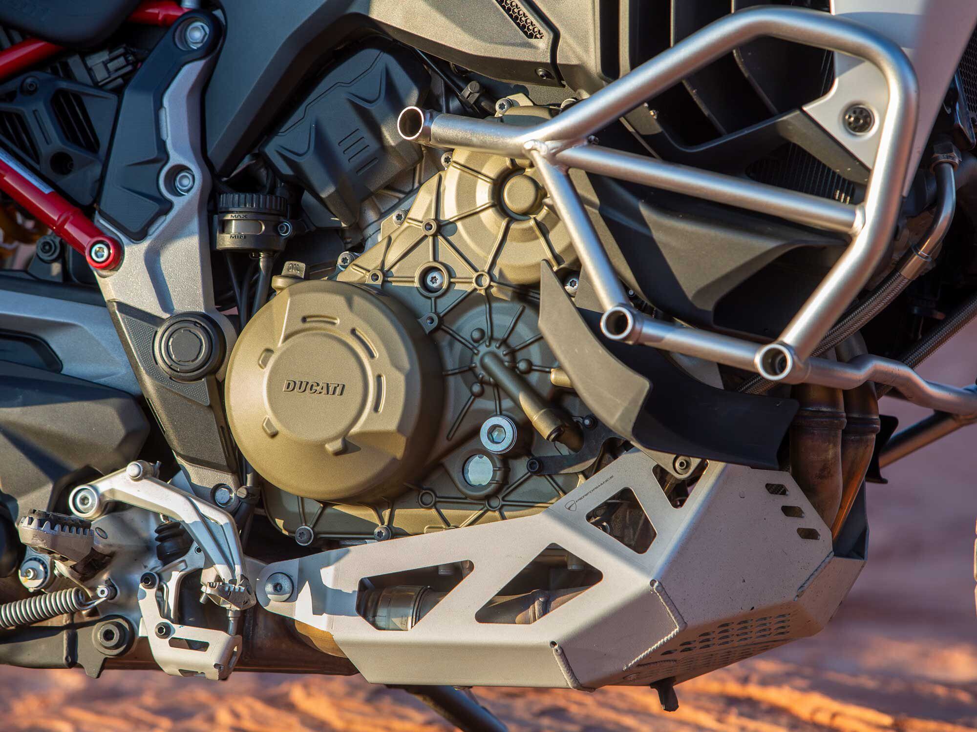 Derived from the engine that powers Ducati’s Panigale superbike, the V-4 in the Multistrada is the fire-breathing monster of this test.