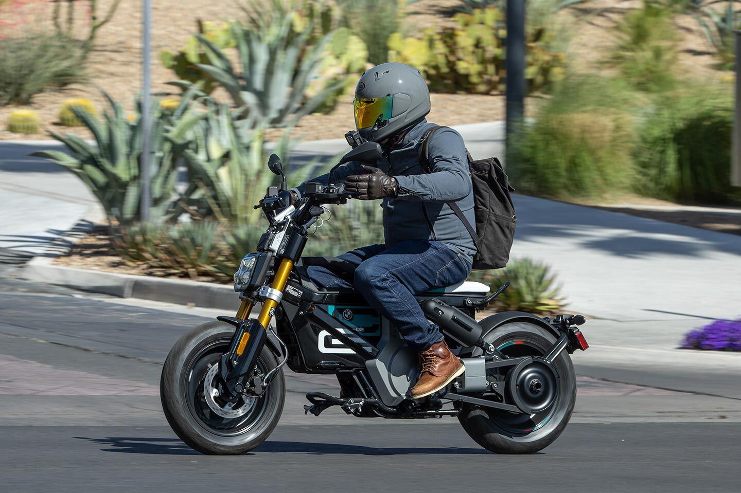 Various bags (including a 29-liter, helmut-eating top case) are available but the CE 02 lacks the traditional scooter’s classic underseat bin. So we backpacked it.