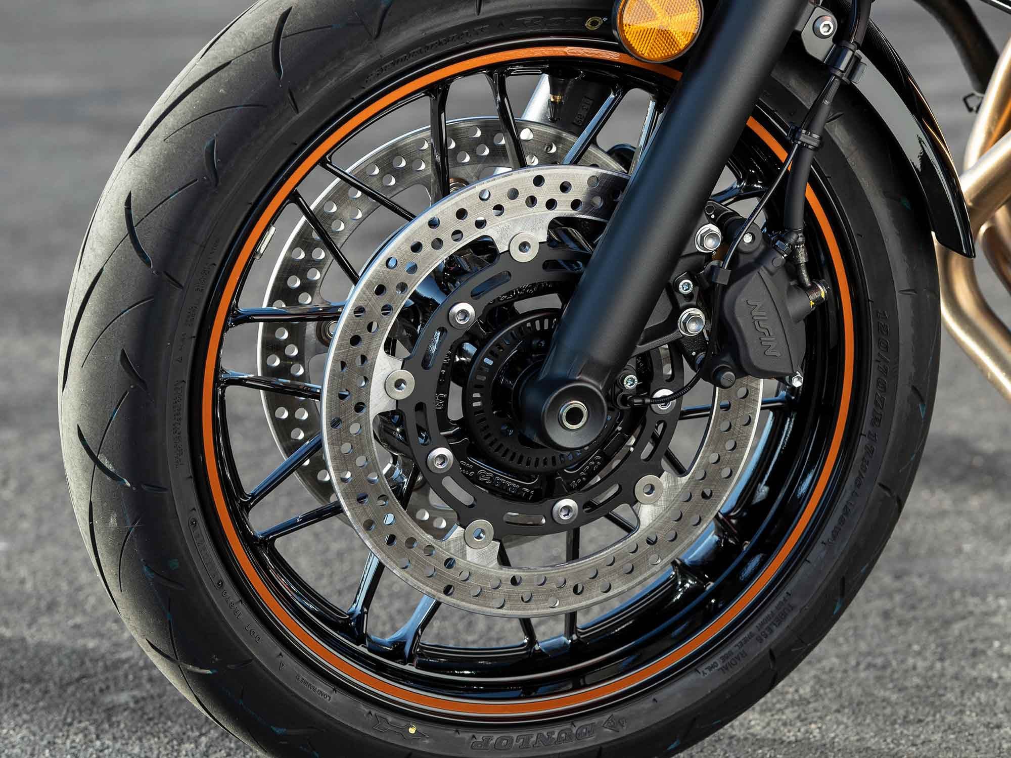 The triple disc brake system (with standard ABS) on the Z650RS is superb in this application, offering plenty of power and good control without being overly sensitive.