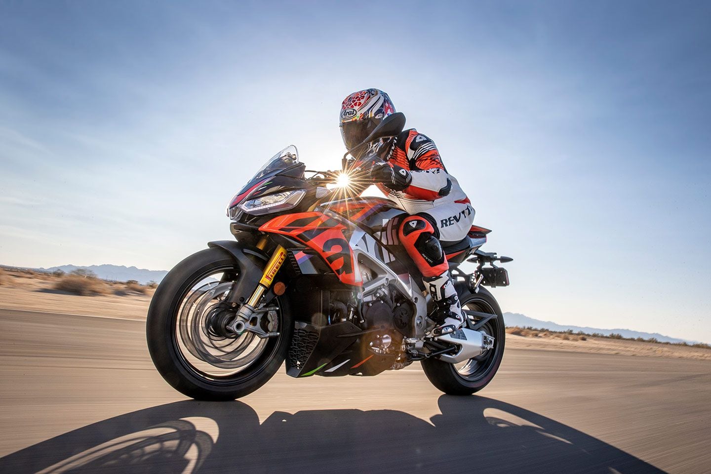 Aprilia’s Tuono V4 Factory offers the most extreme riding position of the trio.