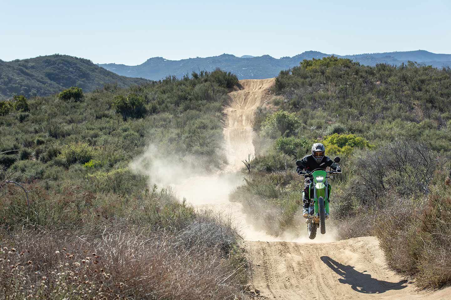 In fast sections the KLX300’s suspension components provide plenty of comfort and holdup.