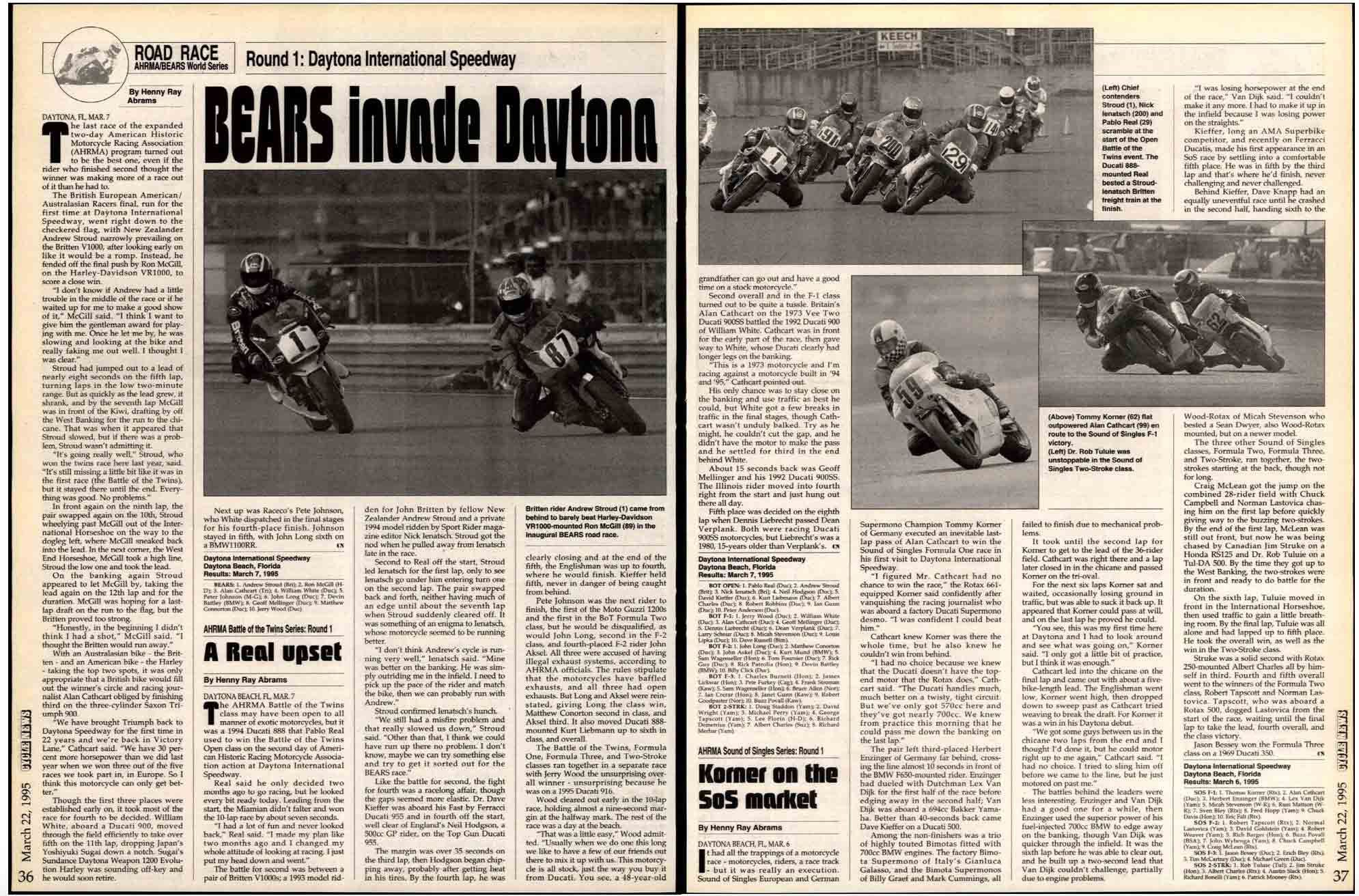 The March 22, 1995, issue of <i>Cycle News</i> documented Andrew Stroud’s win in the BEARS event, which he followed up with a second place in the AHRMA Battle of the Twins race, with <i>CW</i> contributor Nick Ienatsch hot on his heels in third.
