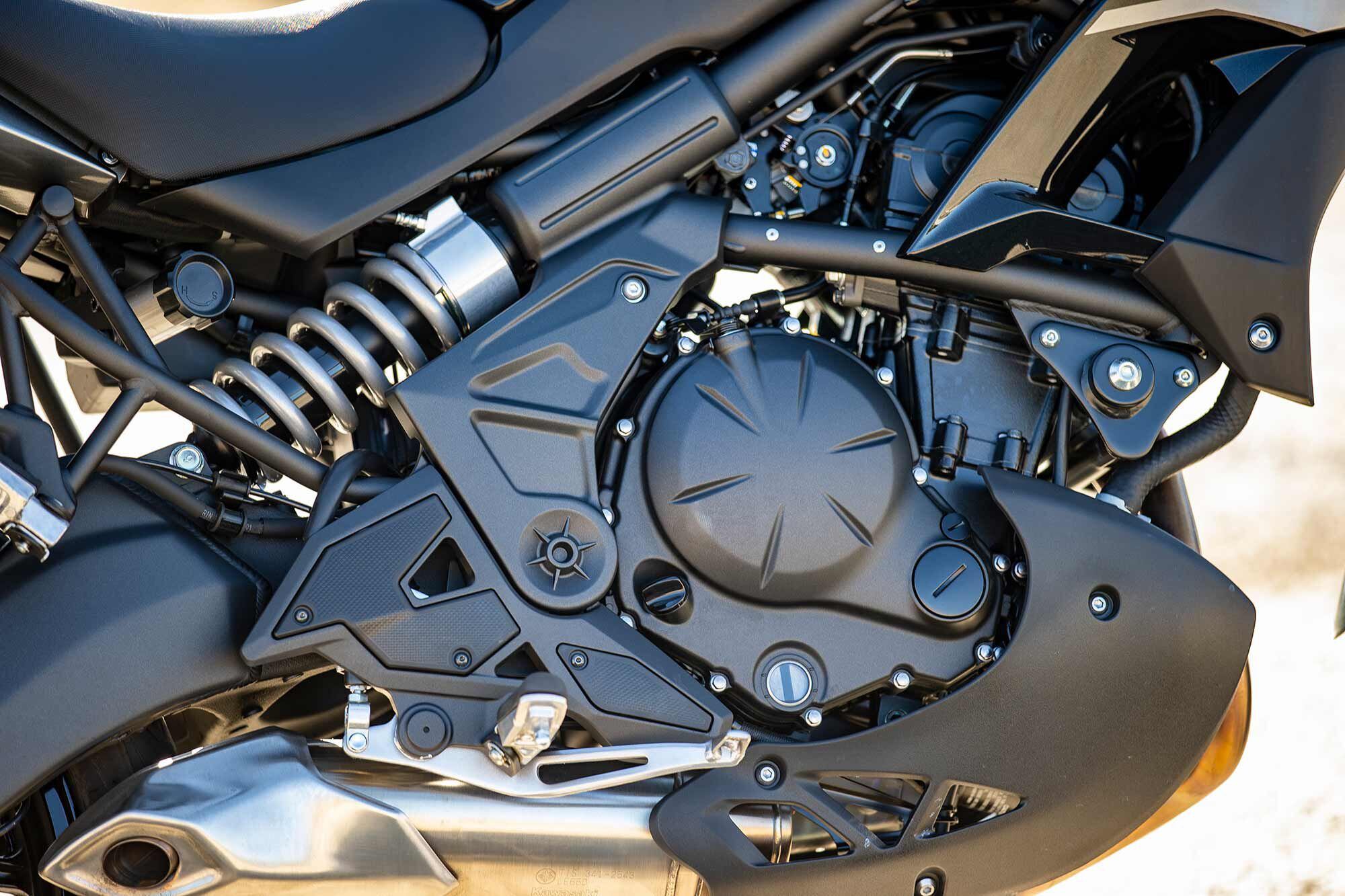 Nice sound, long-stretching gears, and a wide spread of torque are definite positives of the Versys engine. Touchy throttle and clunky shifting are a couple drawbacks.
