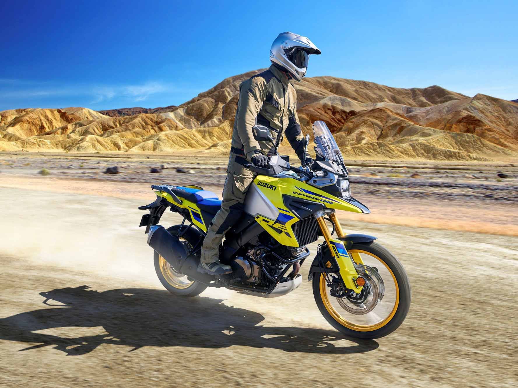 The 1050DE comes standard with a skid plate, crashbars, hand guards, and an up-and-down quickshifter.
