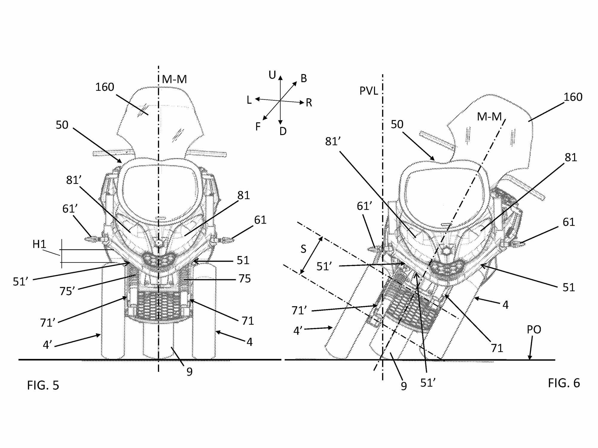 In this patent illustration you can see how the current MP3’s fairing twists on the same plane as the leaning front end, while the new design keeps the fairing fixed.