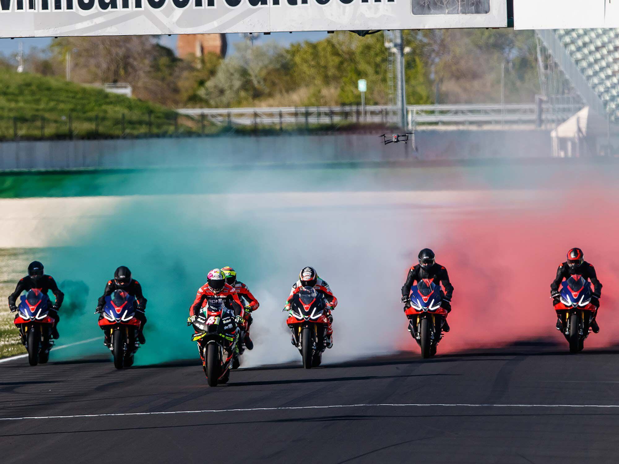 Aprilia’s finest racers will make some noise while piloting exclusive GP machinery around the Misano World Circuit.