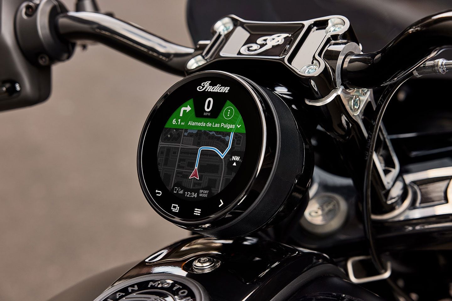 Indian’s Ride Command system with 4-inch round touchscreen (standard) is operated via handlebar controls or the digital display.