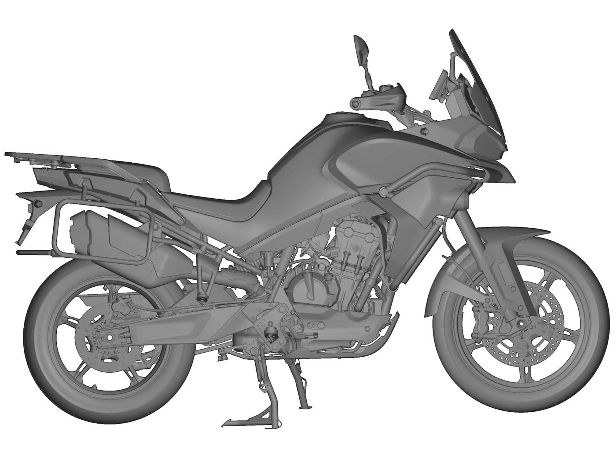 Smaller-diameter wheels, a more sculpted seat, and large fuel tank all point to a touring bias as well.