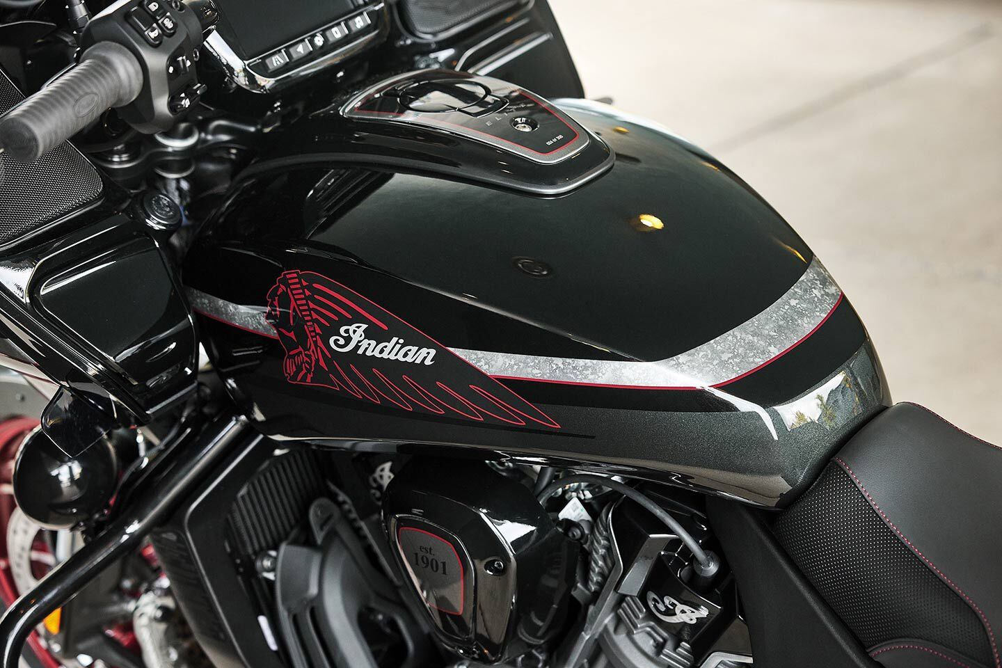 Richly detailed, custom Charcoal Candy paint treatment adds a refined attitude to the top-line bagger.
