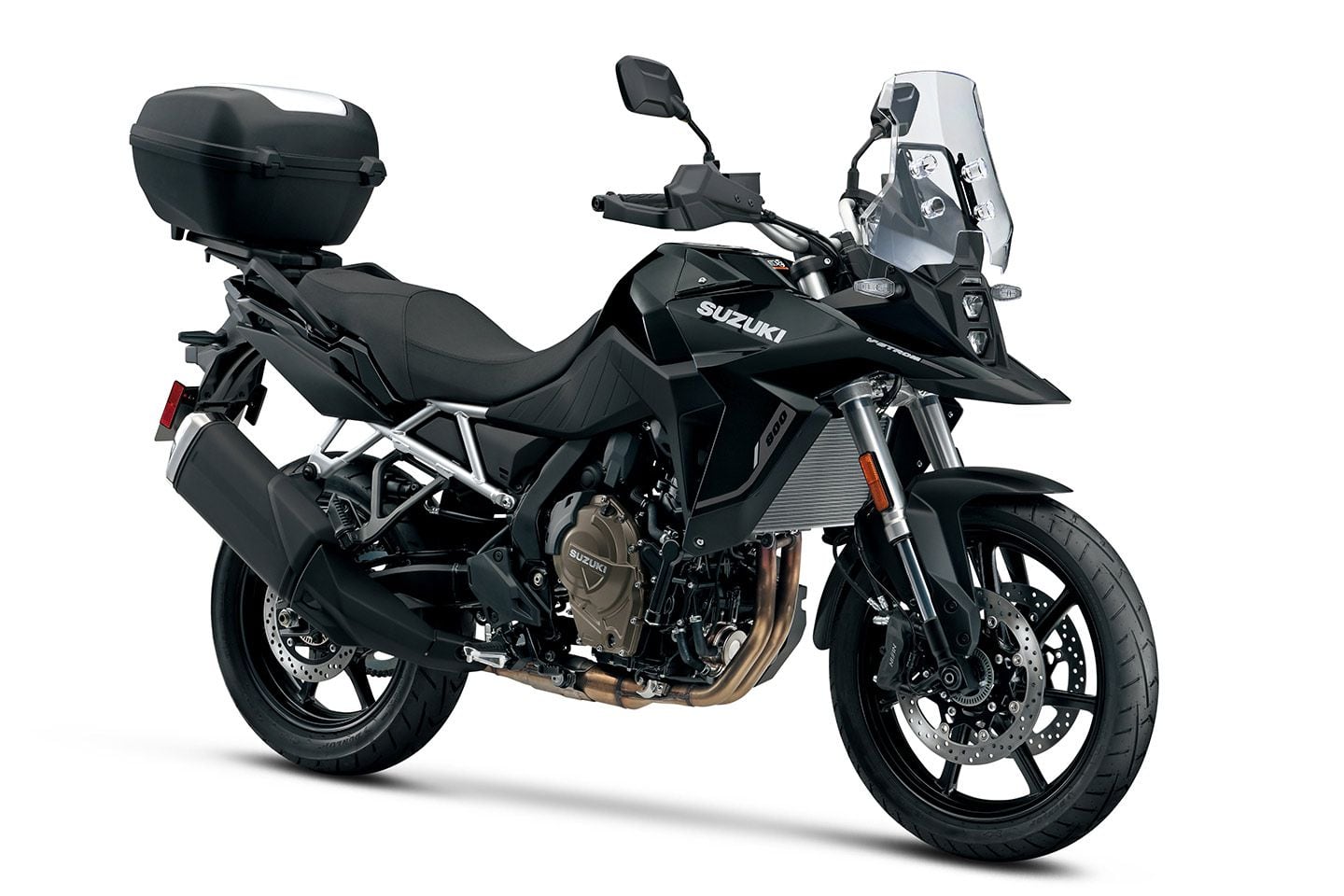 A 35-liter top case and hand guards are added to the V-Strom 800 Touring for some long-distance capability.