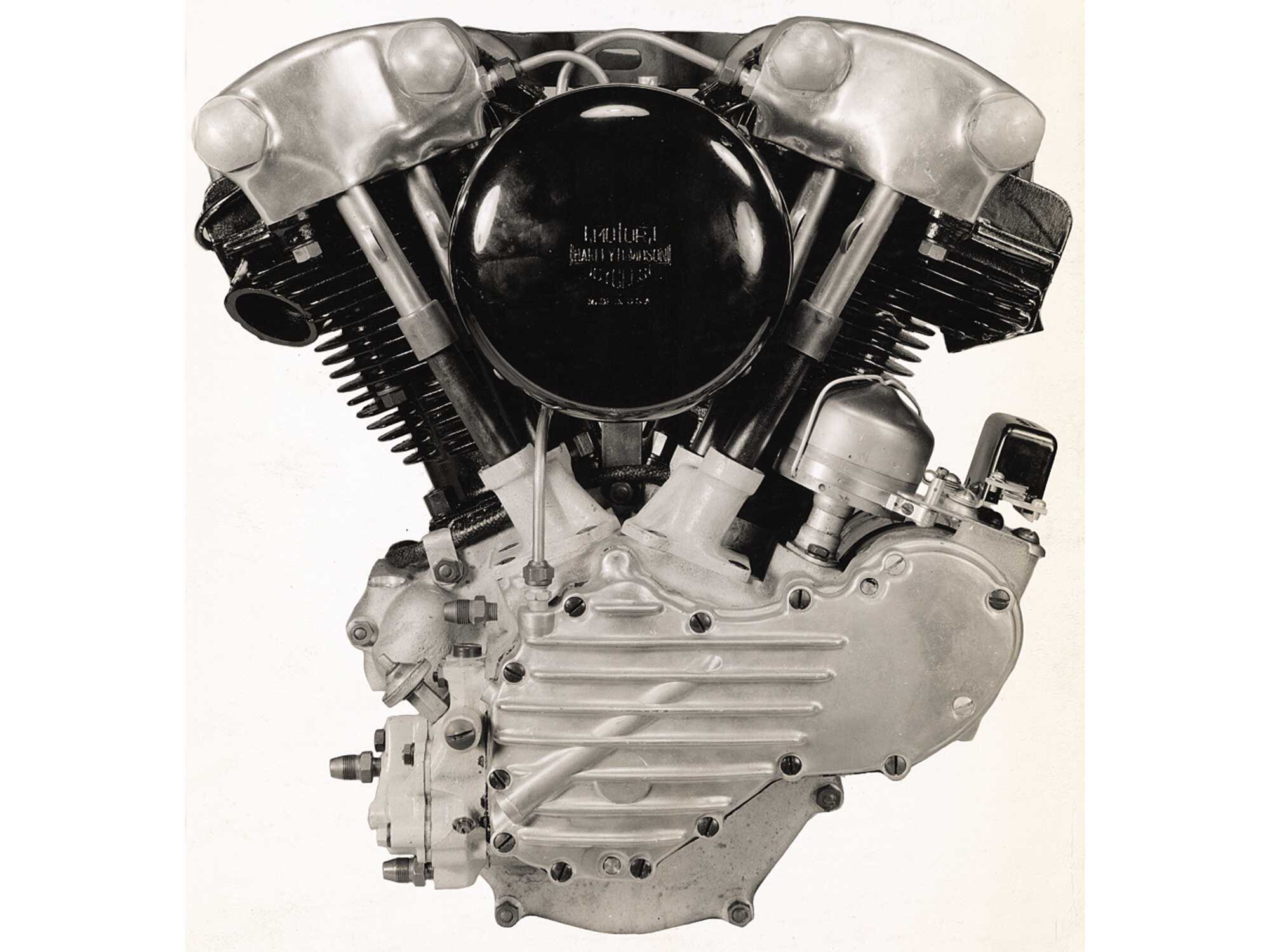 This is the original Big Twin, the 61-inch EL, or “Knuckle­head,” of 1936, Harley’s first large OHV production engine. Improved breathing and high compression essentially doubled its power. Note that the pushrod tubes are angled and aimed so all can be driven by a single camshaft­—a feature that has returned in Harley’s latest single-cam Big Twins.