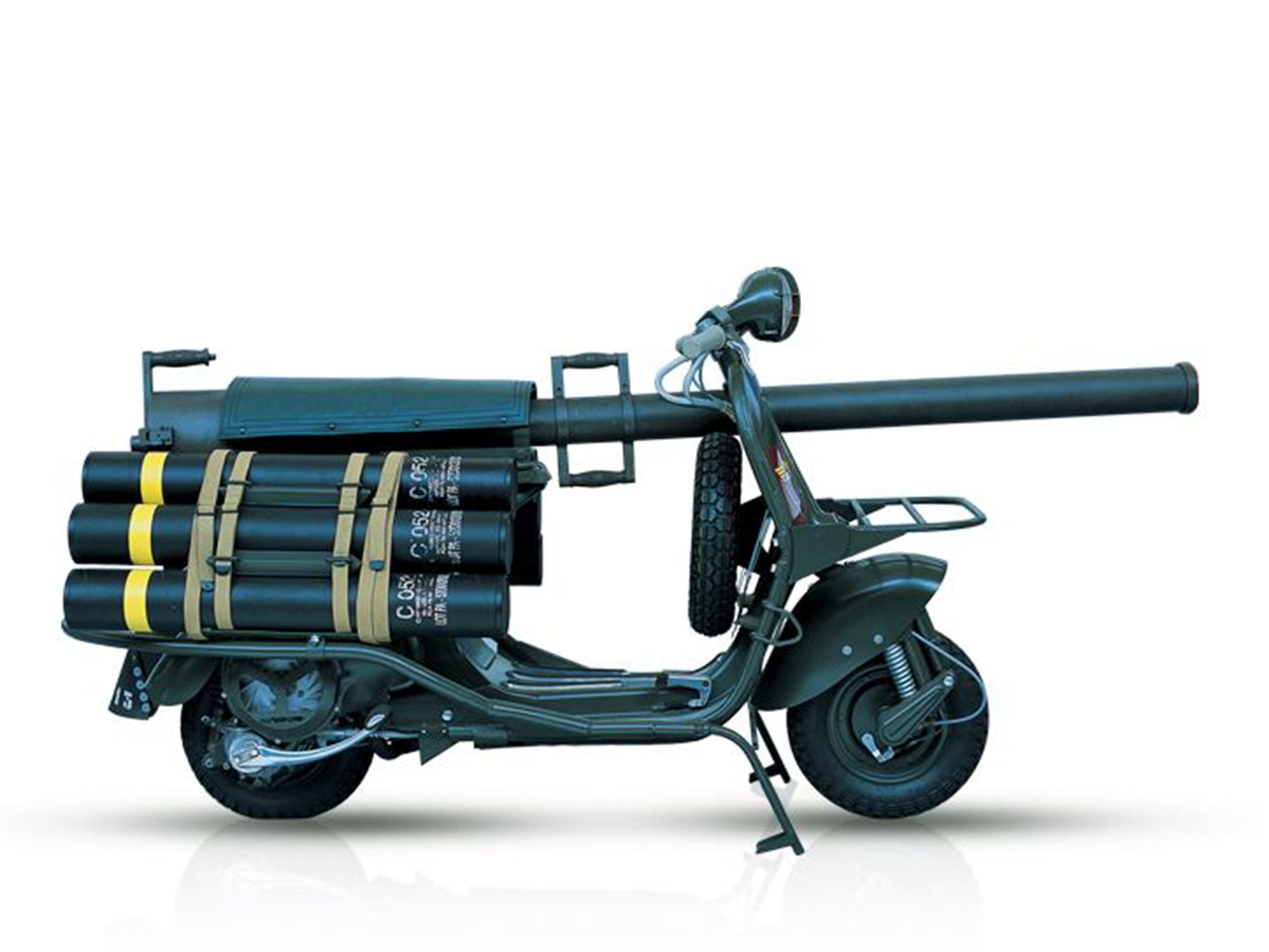 Post-apocalyptic Vespa:  Built for French paratroopers in the 1950s, the Vespa TAP 150 mounted a 75mm recoilless rifle on the scooter for anti-tank use.