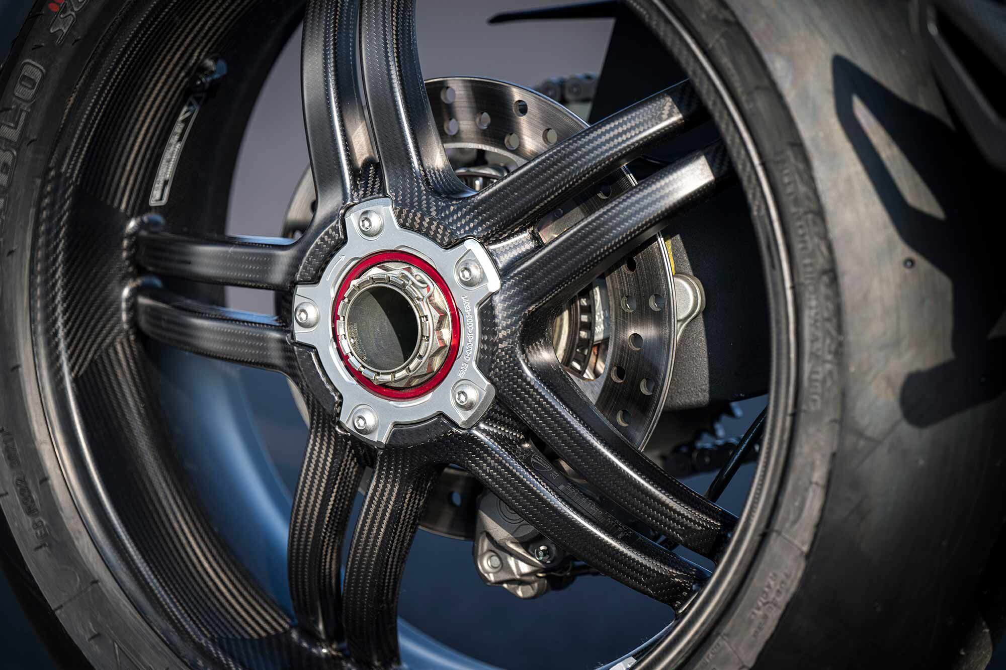 Carbon fiber wheels are 3.1 pounds lighter than the aluminum units found on the V4 S.