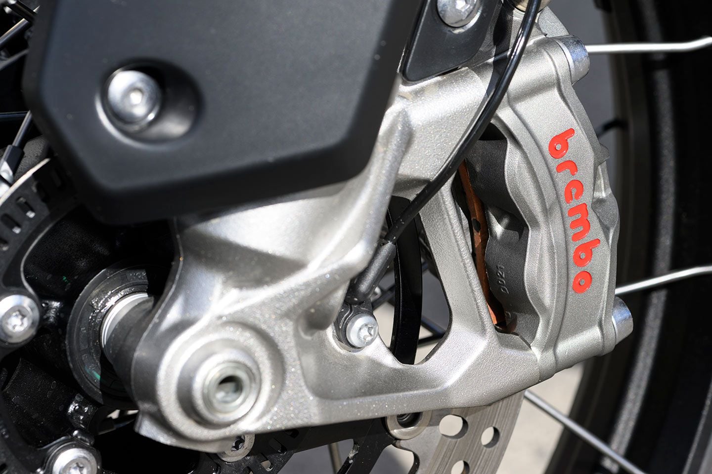 Brembo M4.30 Stylema calipers are excellent and cornering ABS is optimized for each ride mode. Off-Road mode turns off rear ABS. Off-Road Pro, available on Rally versions, shuts off ABS on both the front and rear. Excellent.
