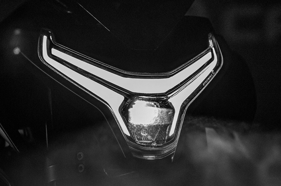 Close-up view of the 800NK’s unique Vee-shaped headlight.