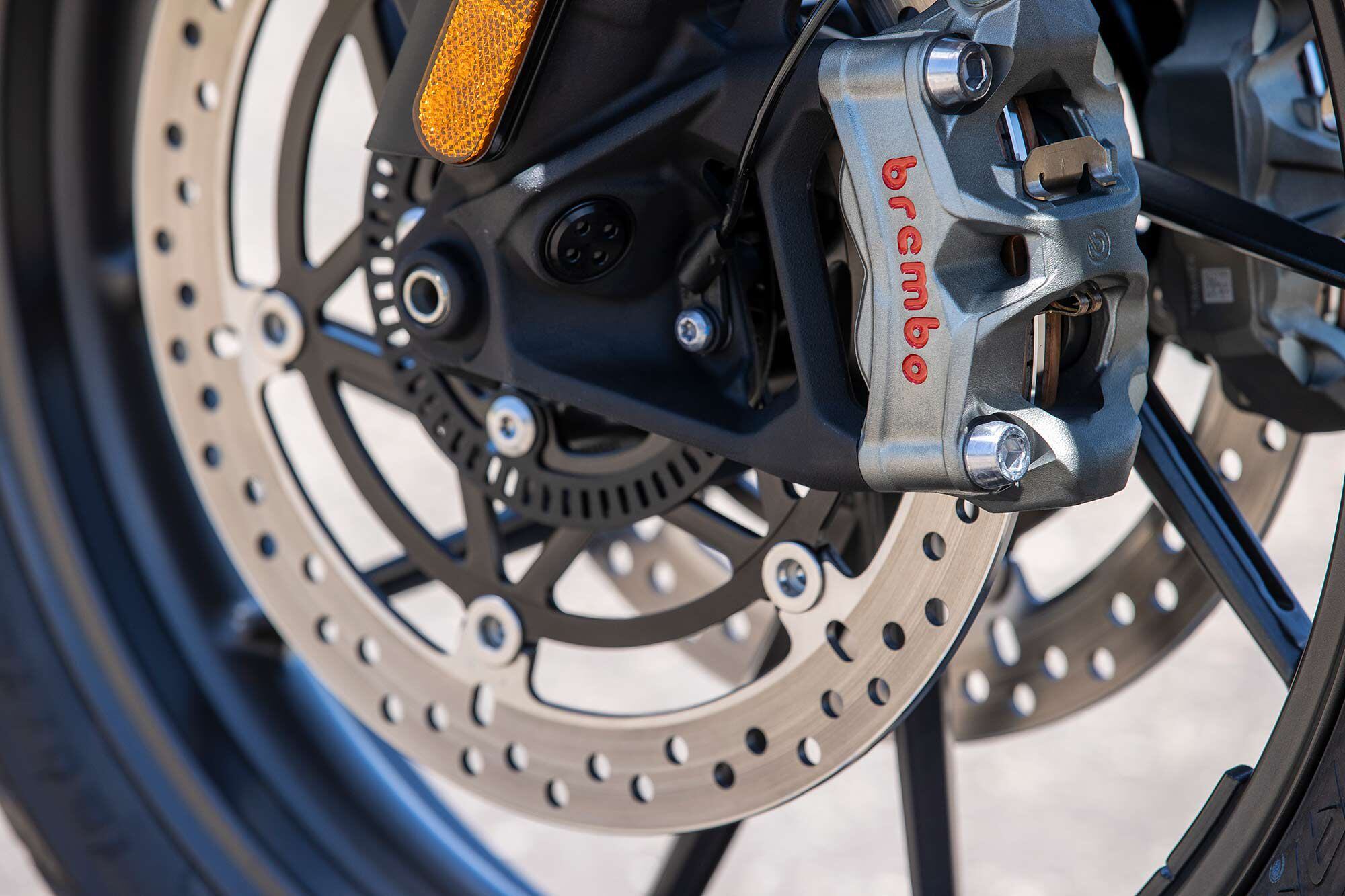Three’s a charm. Another set of radial-mount Brembos with 320mm discs, also managed by advanced lean-sensitive ABS.