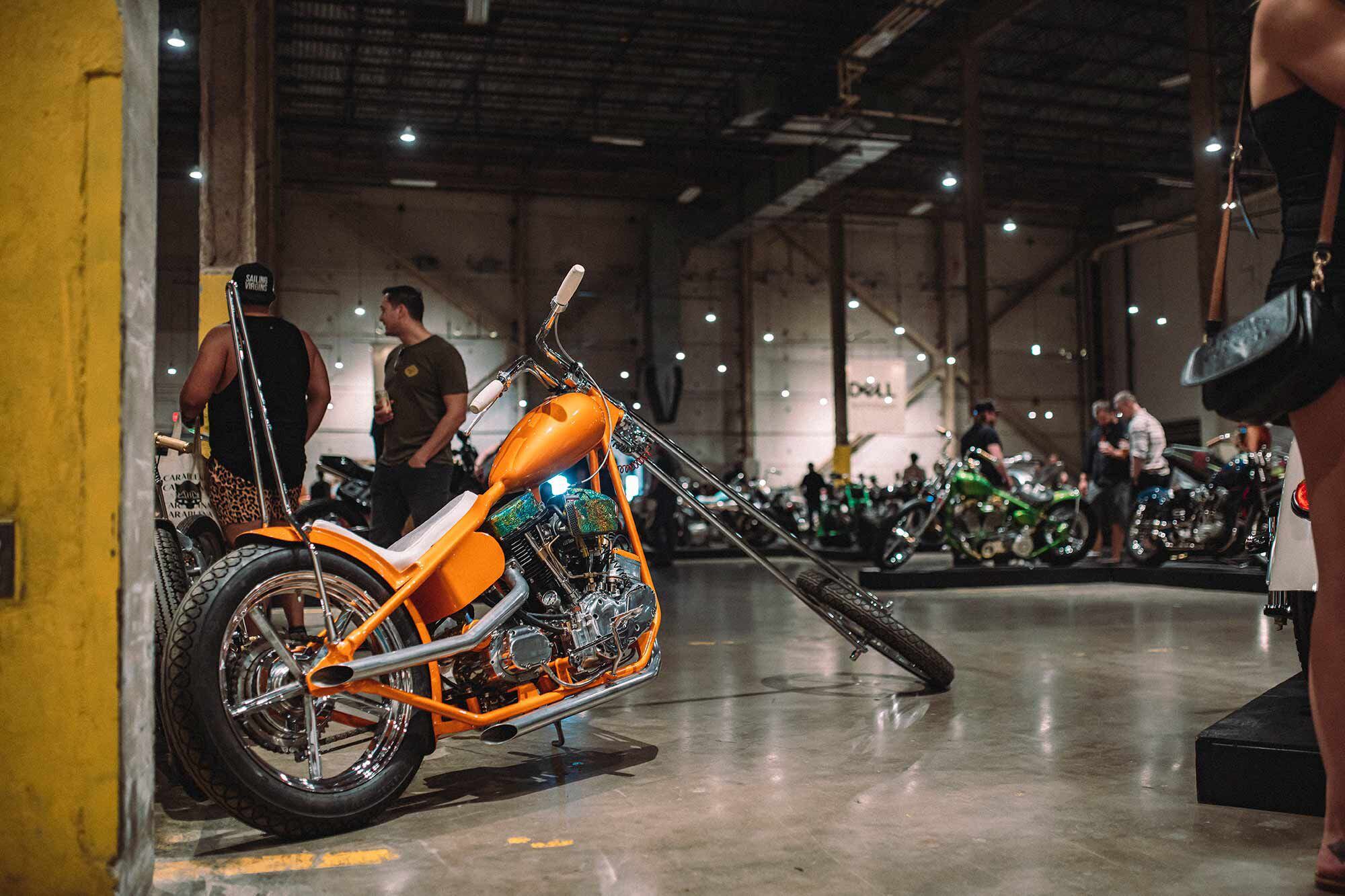 Custom Panhead chopper with wild-painted rocker boxes, built by Travis Stuckey.