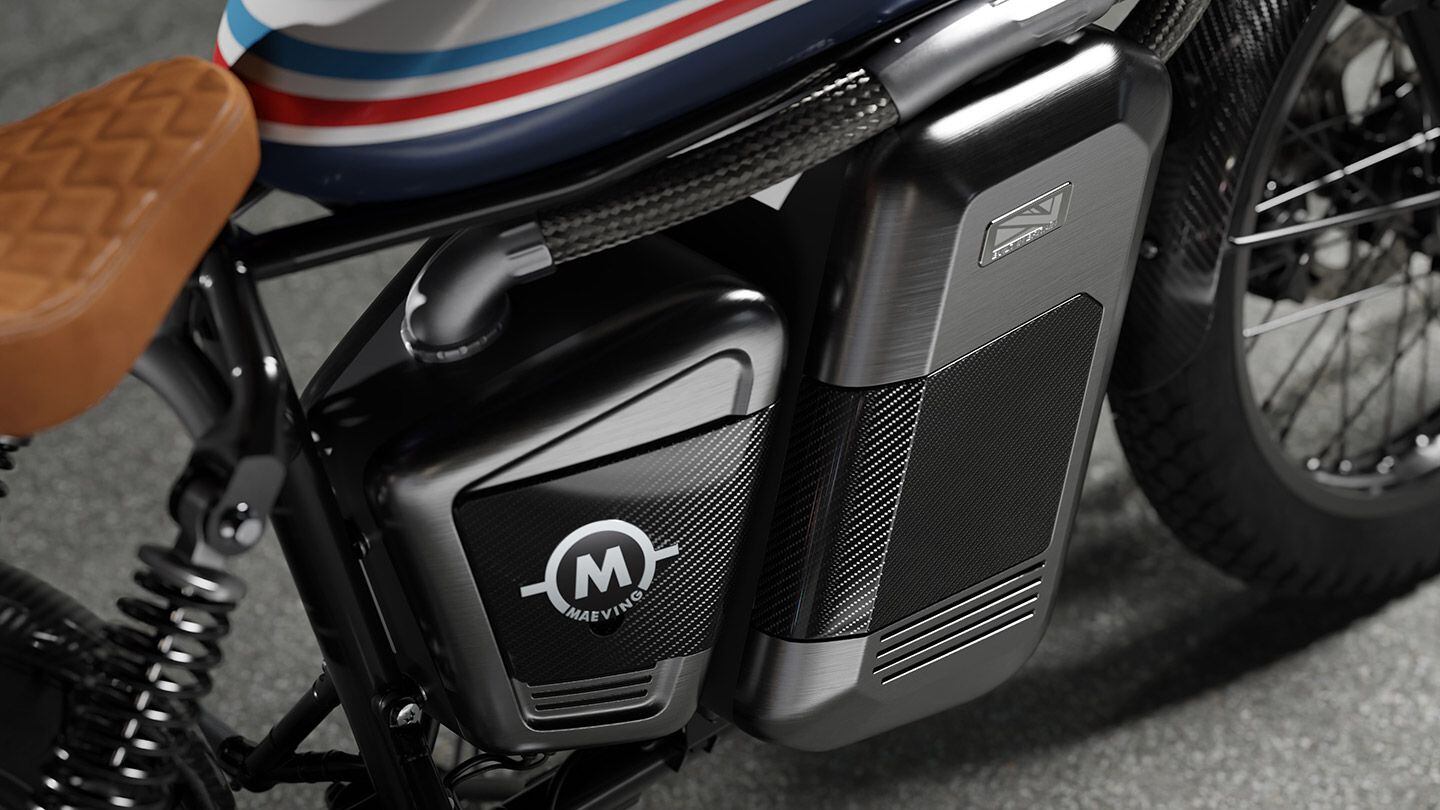 The RM1S’ battery box. The batteries can be charged in the bike or removed and brought to the charger inside.