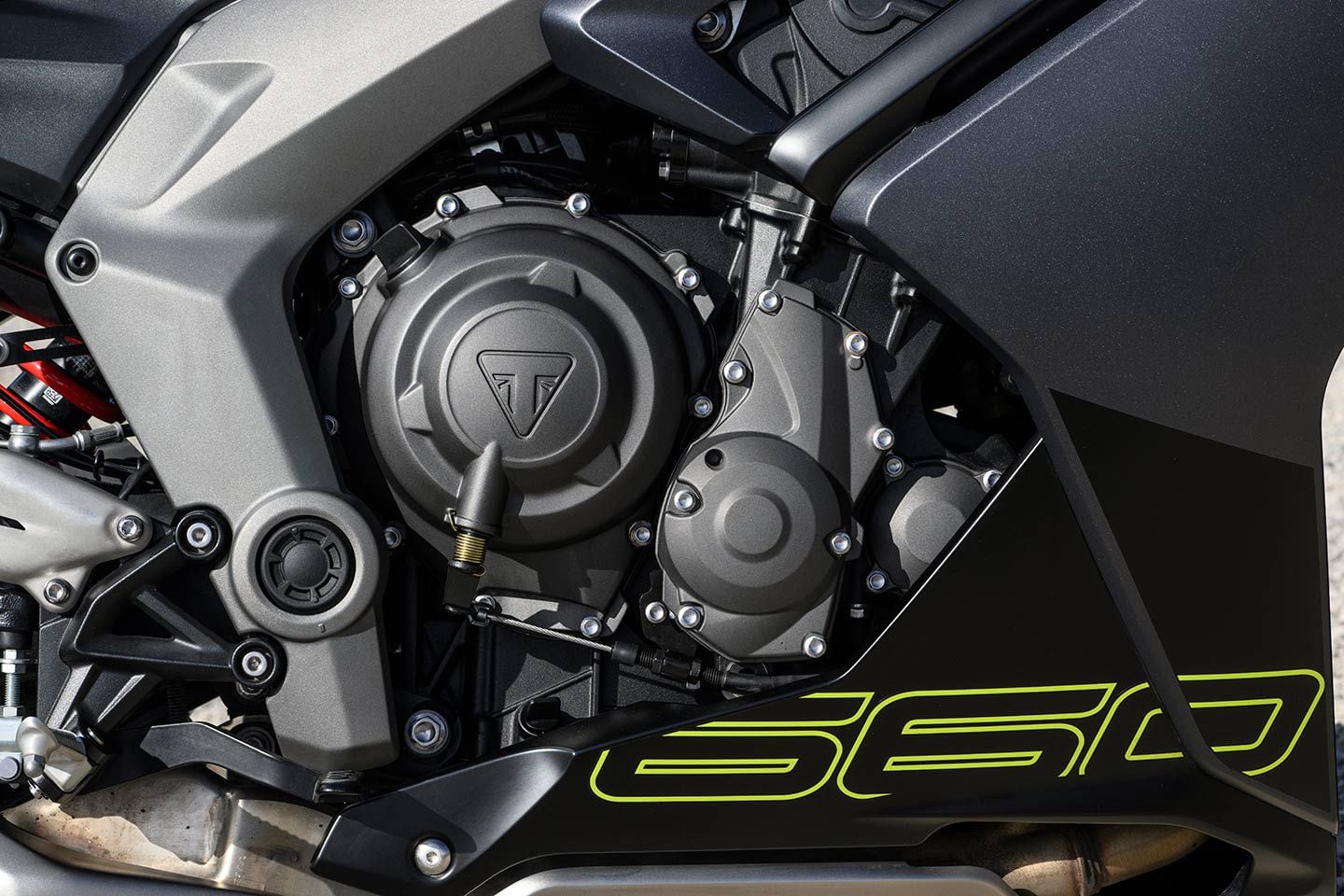 An updated version of Triumph’s 660cc inline-three makes 17 percent more power than the unit in the Trident.