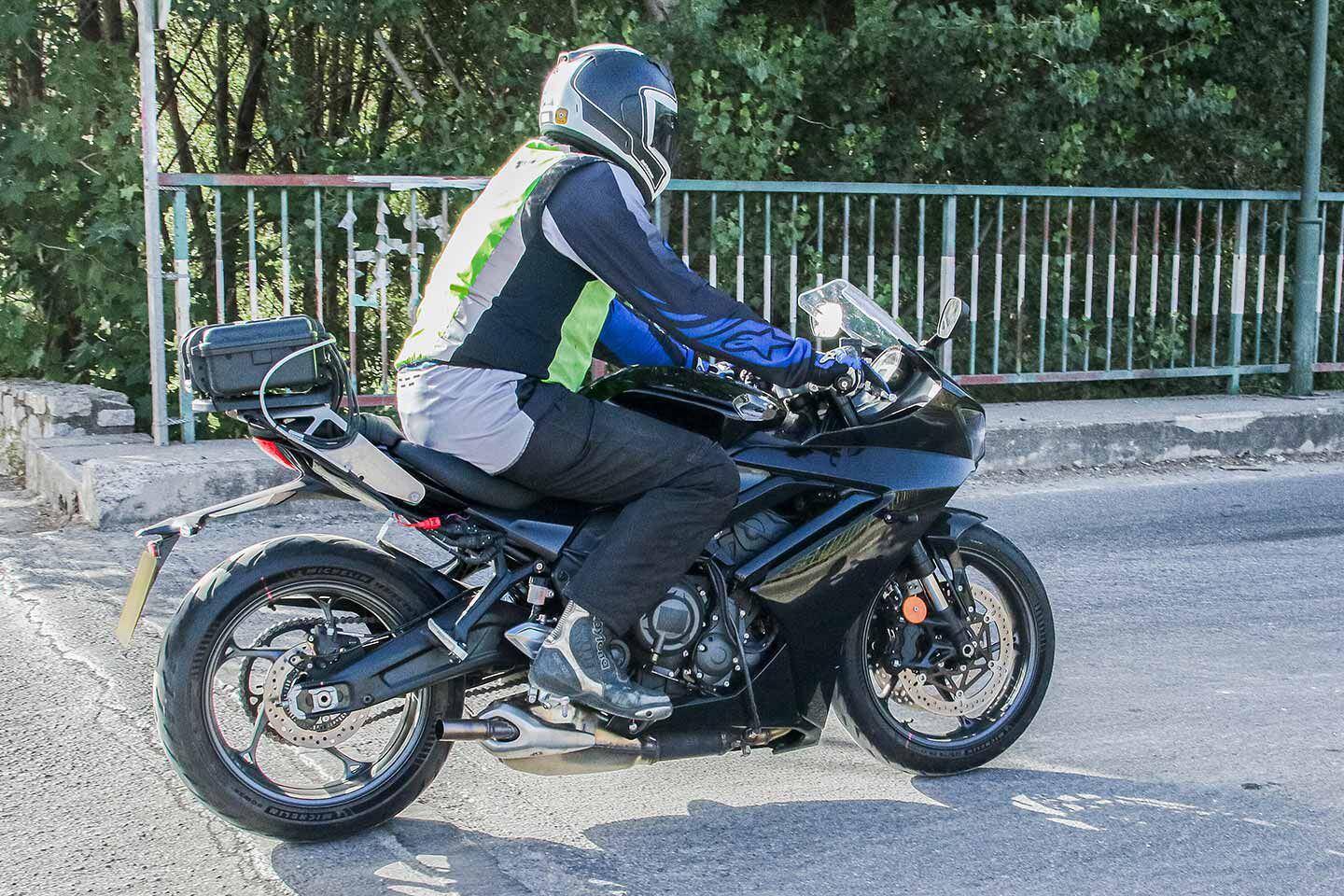 This right-side view shows that the new bike shares a lot of components with the Triumph Trident and Tiger Sport 660.