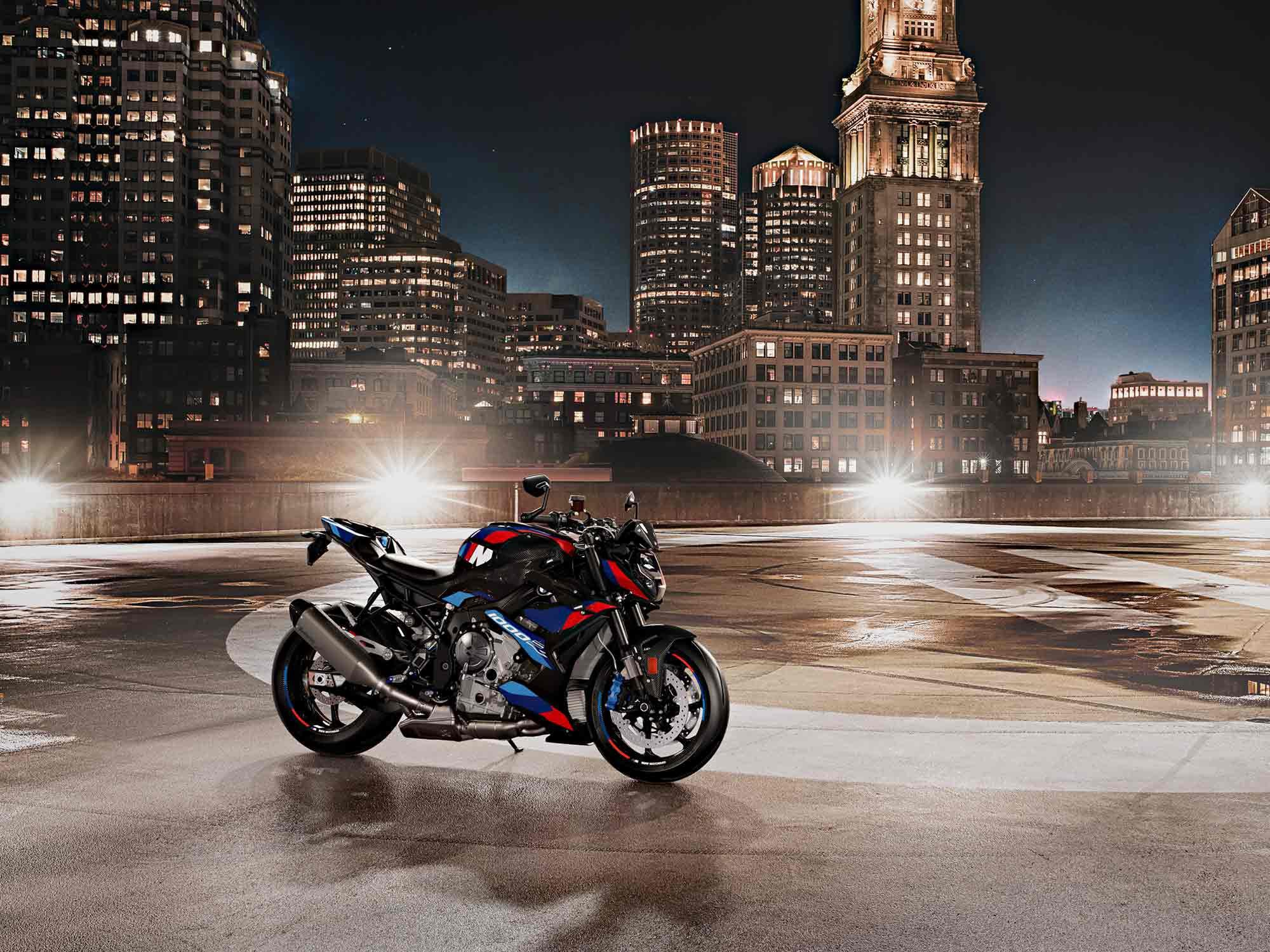 The 2023 M 1000 R, seen here in Competition Package Black Storm Metallic, is the first Motorrad M roadster.