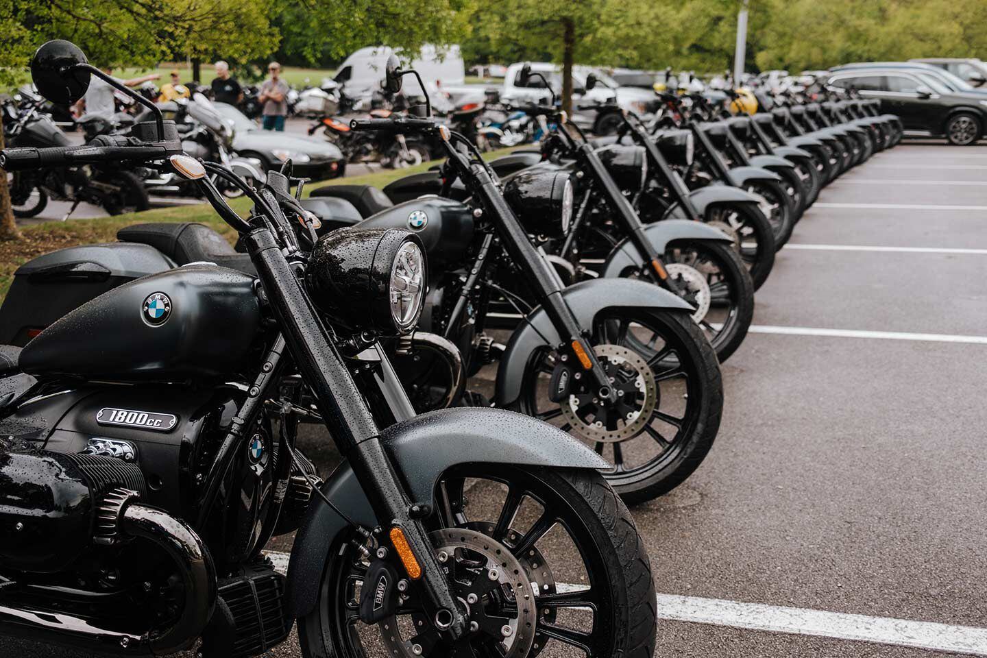 All fifteen R 18 Roctanes made available to the press. Fun fact: BMW meticulously straightened and arranged our bikes thusly every time we parked them.