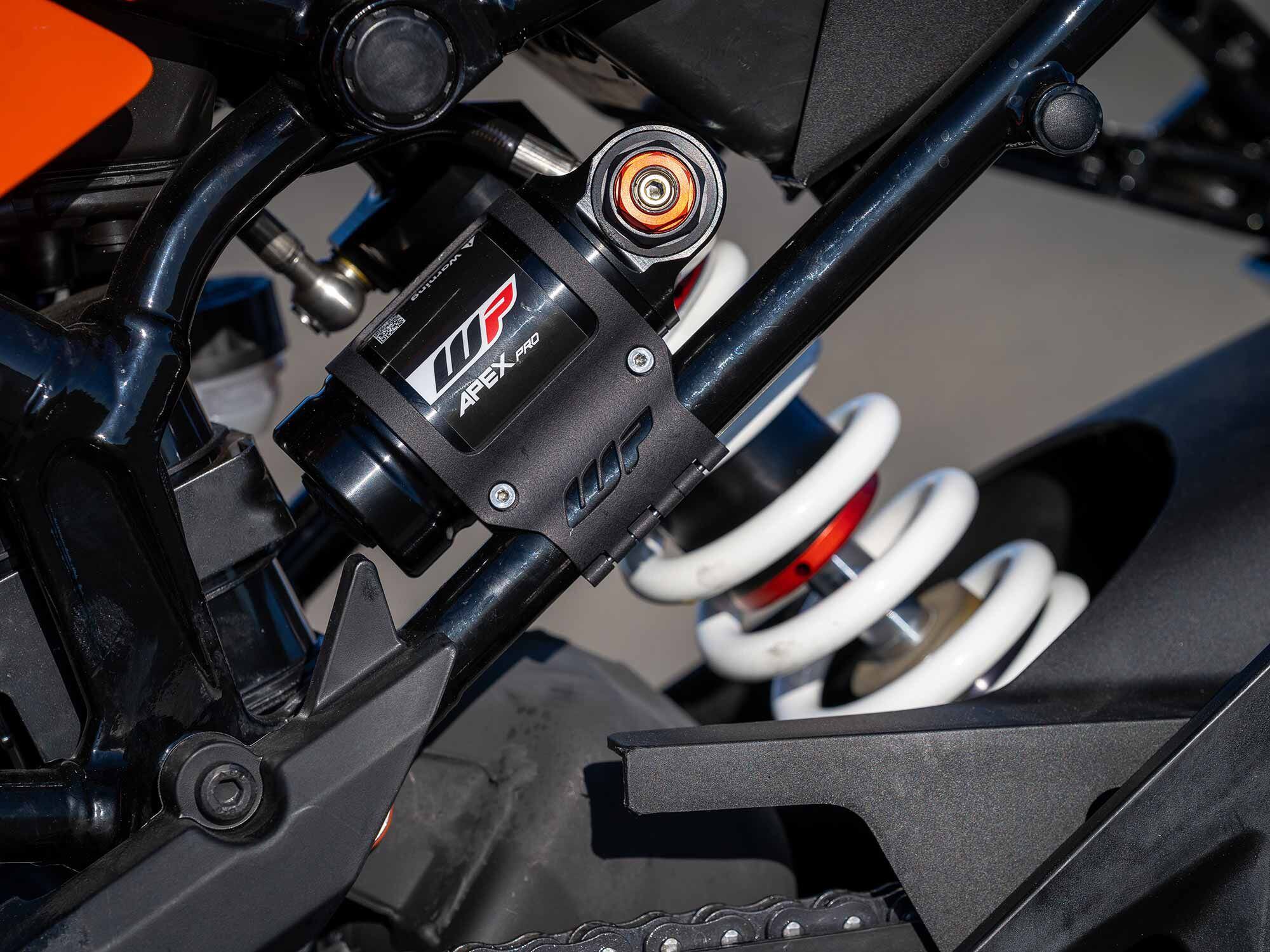 Premium WP Apex components handle the RC 390’s suspension tasks. Offering 30 clicks of compression and rebound damping at the front and adjustable spring preload and rebound damping at the shock is a real bonus in the small-displacement supersport category.