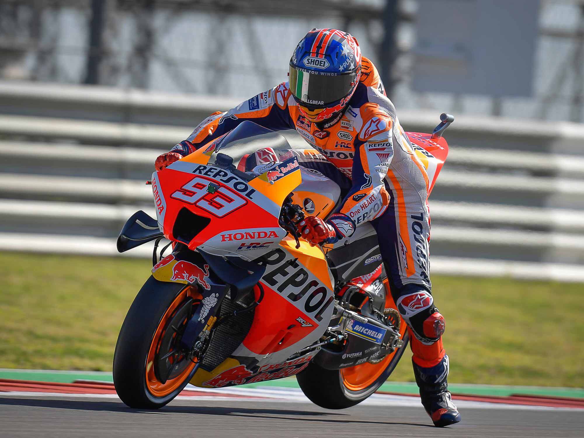 Marc Márquez, the (former) king of COTA, showing his trademark style, getting the bike turned with the rear wheel off the surface. A software glitch at the start moved him back to dead last, but he charged through the field to finish sixth.