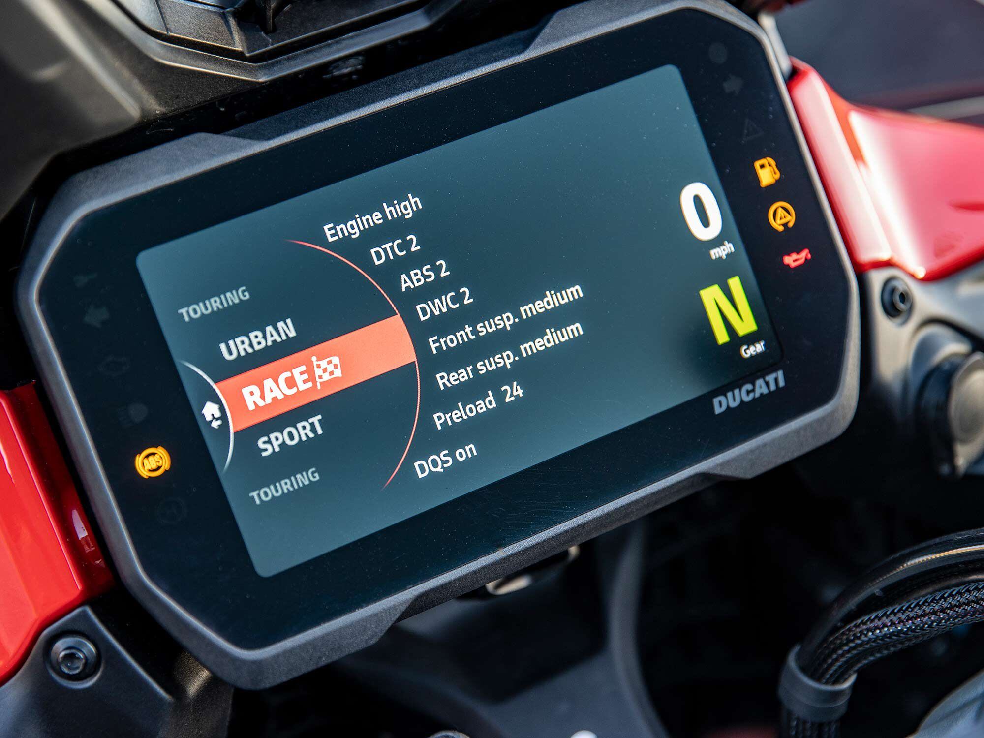 Ducati’s 6.5-inch TFT display plays host to the Pikes Peak’s electronic rider-aid suite. Seen here are the motorcycle’s four preset riding modes, including the Race mode.