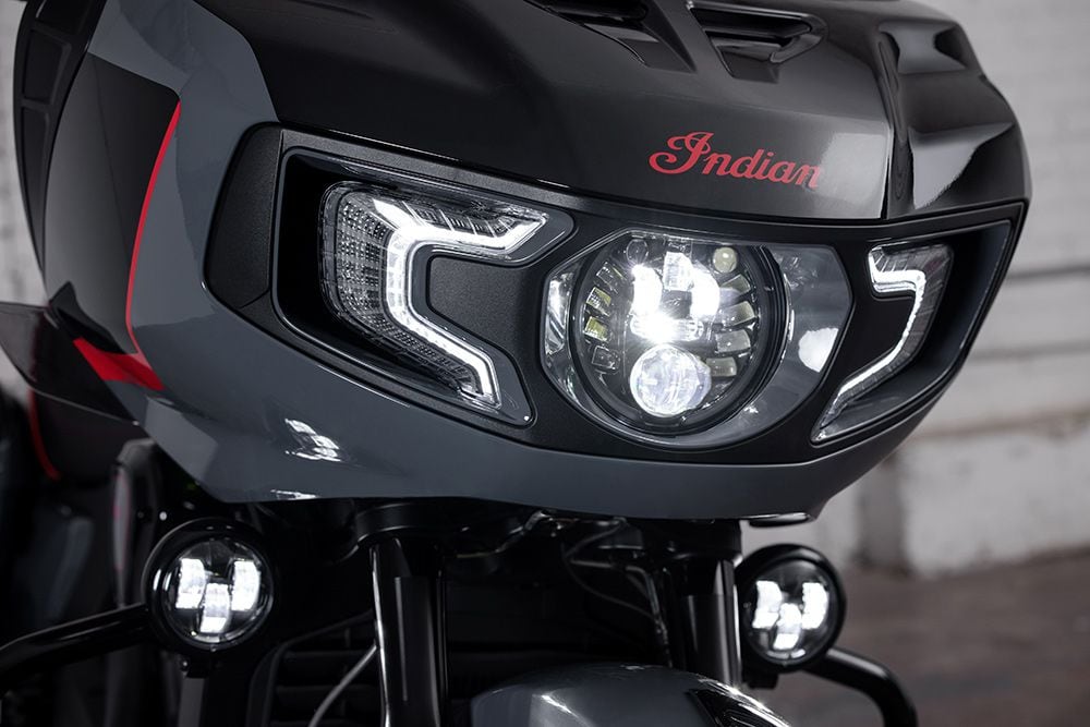 An adaptive LED  headlight automatically adjusts the beam’s spread based on lean angle, while a pair of LED driving lights further light up the night.