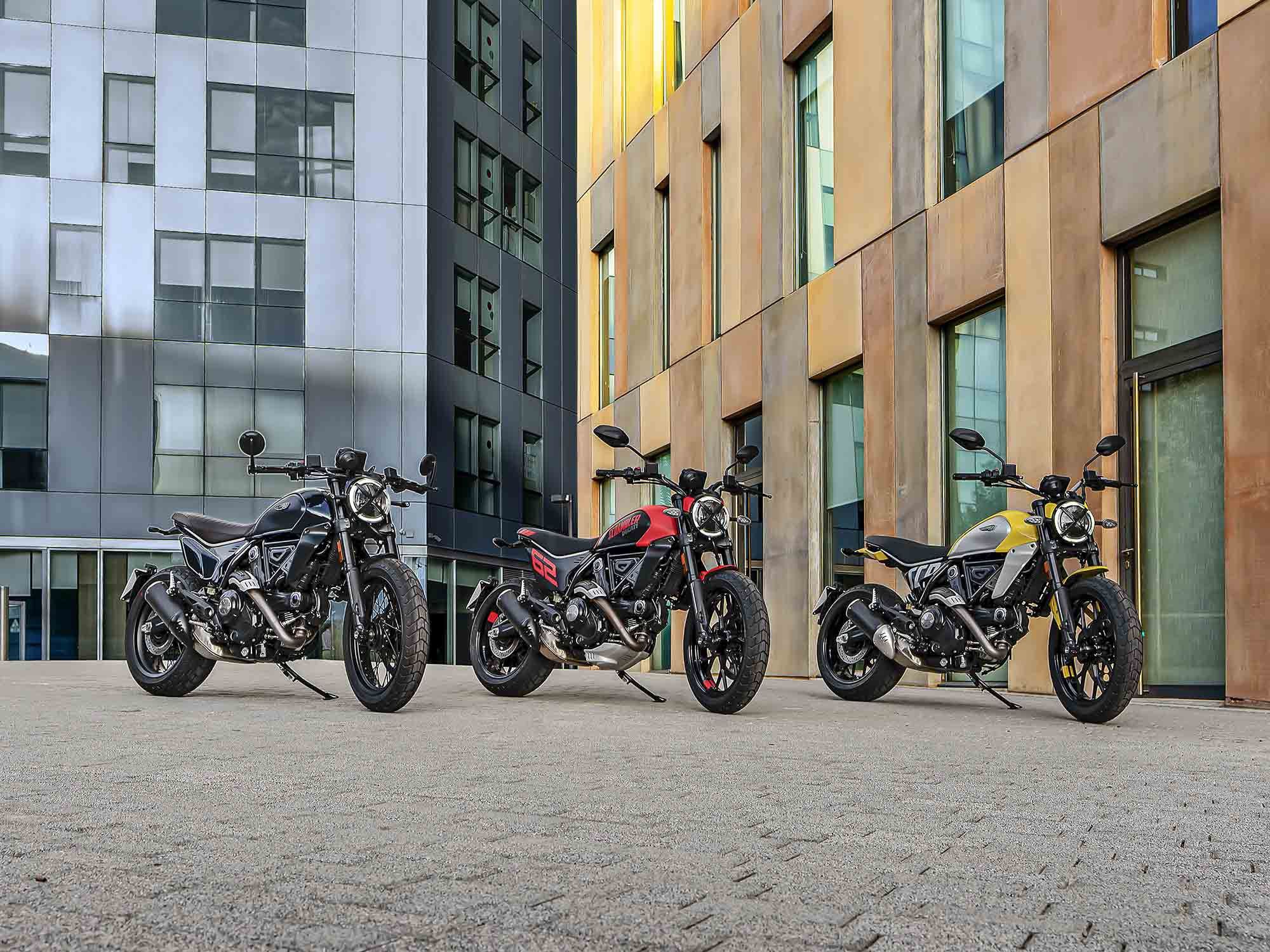 Ducati’s Scrambler comes in three trims for 2023: Icon, Full Throttle, and Nightshift (right to left).
