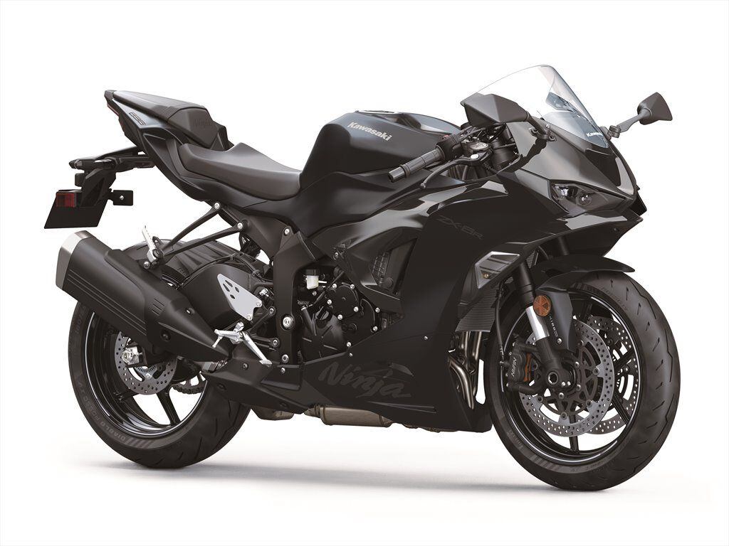 The 2024 ZX-6R in Metallic Flat Spark Black/Ebony, better known as black.