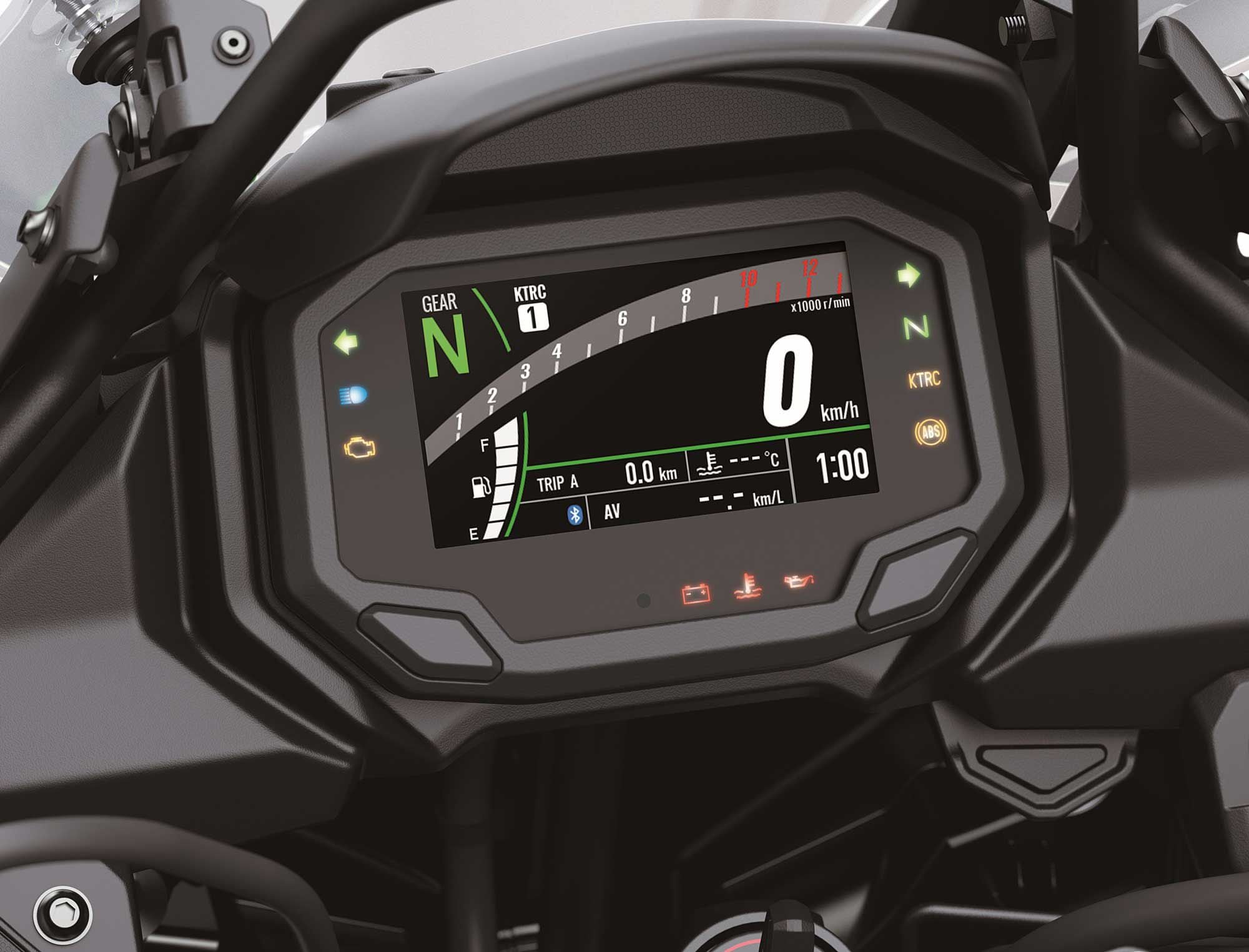 The 4.3-inch TFT display adjusts brightness automatically and shows a variety of functions including traction control modes.