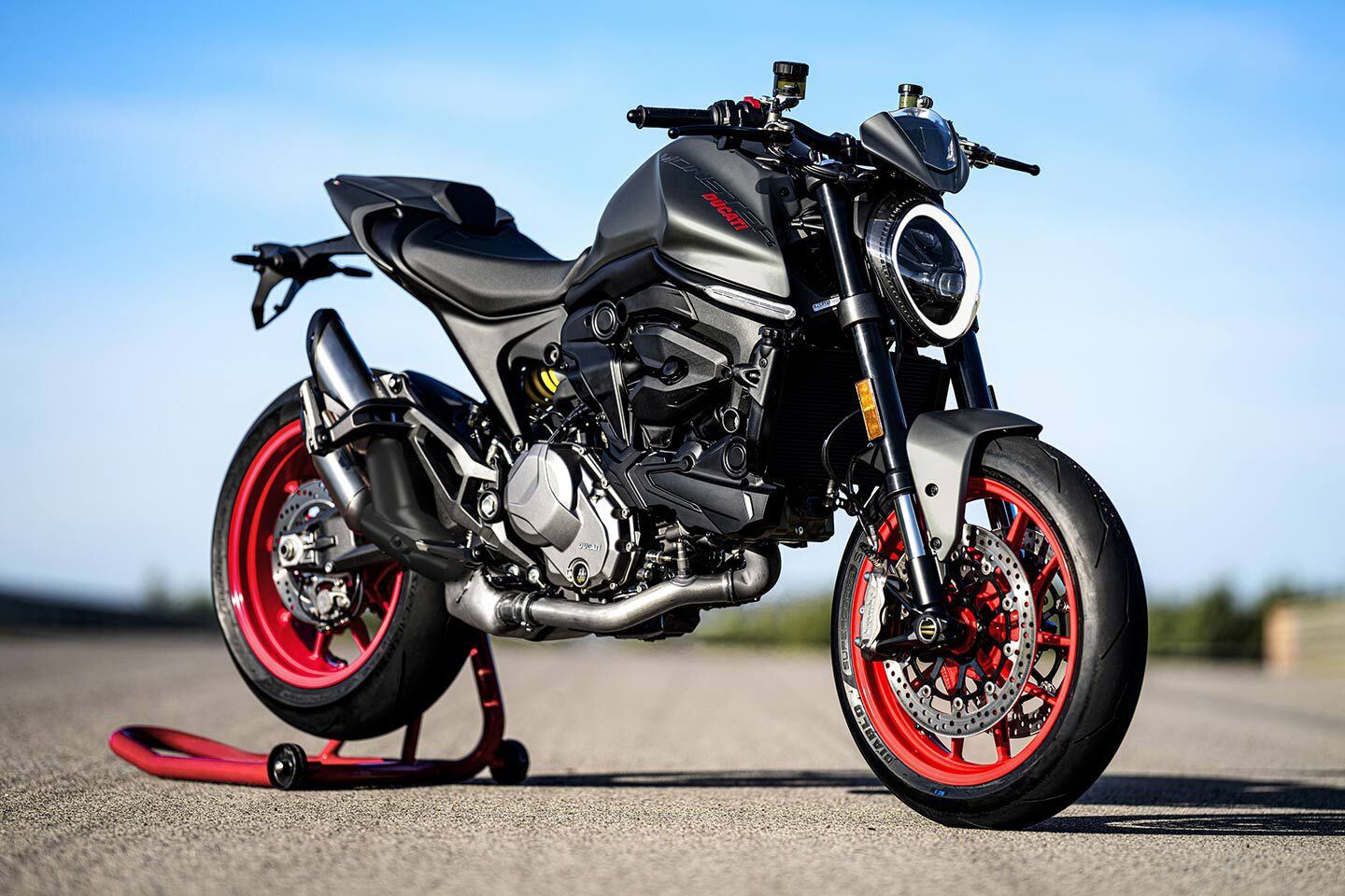 It’s kind of cheating, but once configured with a low seat and low suspension the Ducati Monster+ rings in at 30.5 inches off the tarmac. (2021 model shown.)