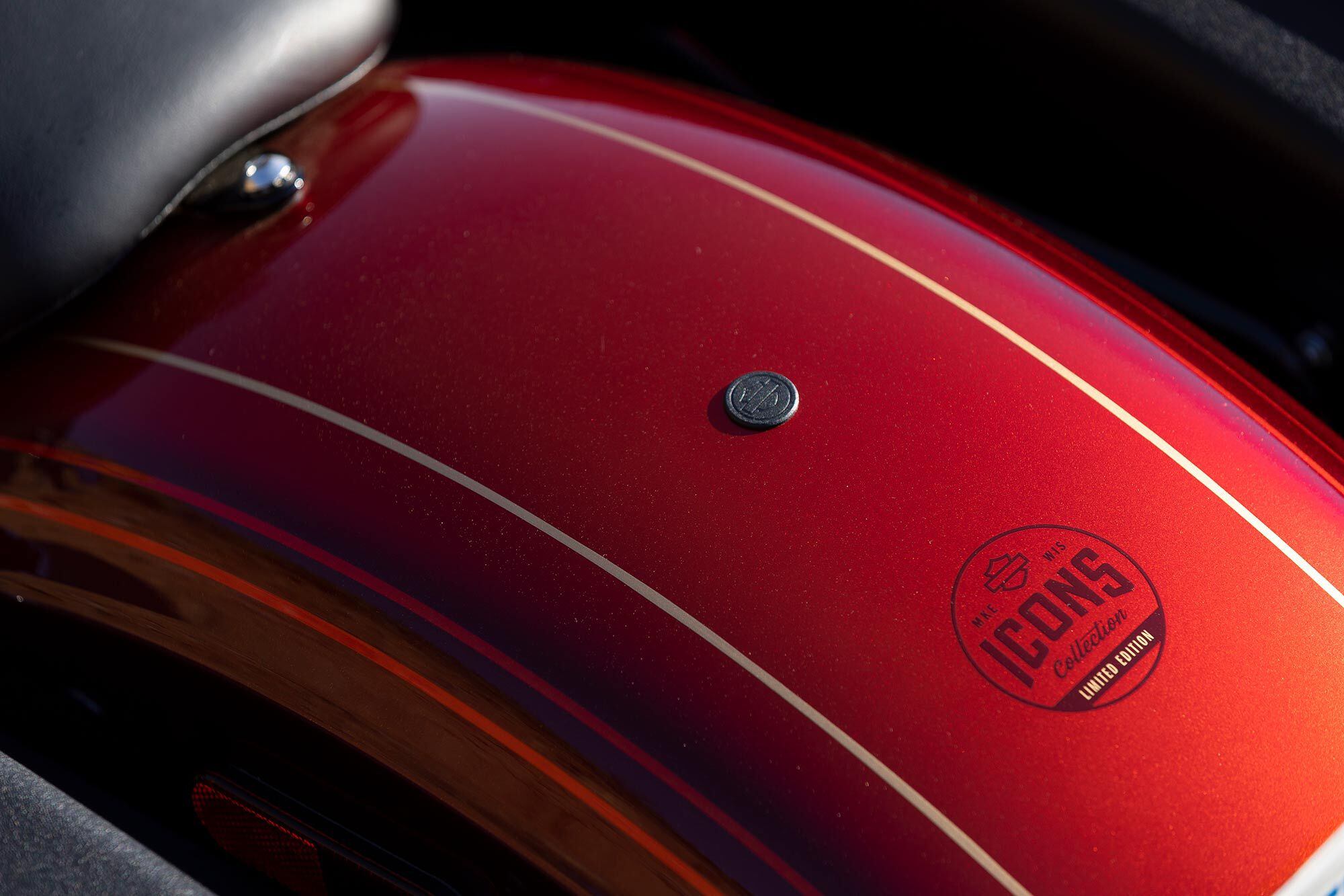 A small badge on the FXRST’s rear fender marks the bike as a member of the Icons Collection.