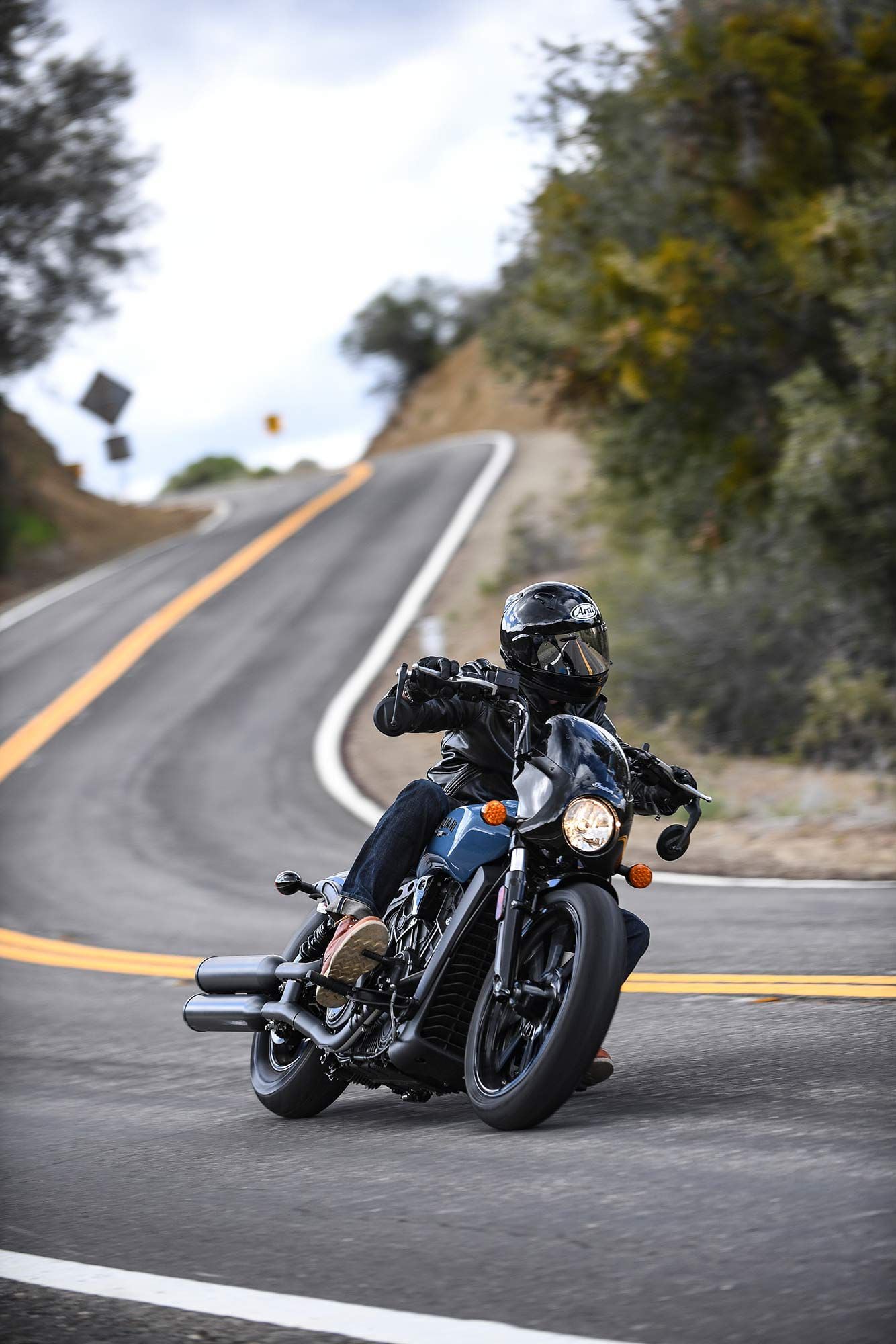 The 29 degrees of cornering clearance and 2 inches of rear suspension travel limit the Scout Rogue’s speed through turns.
