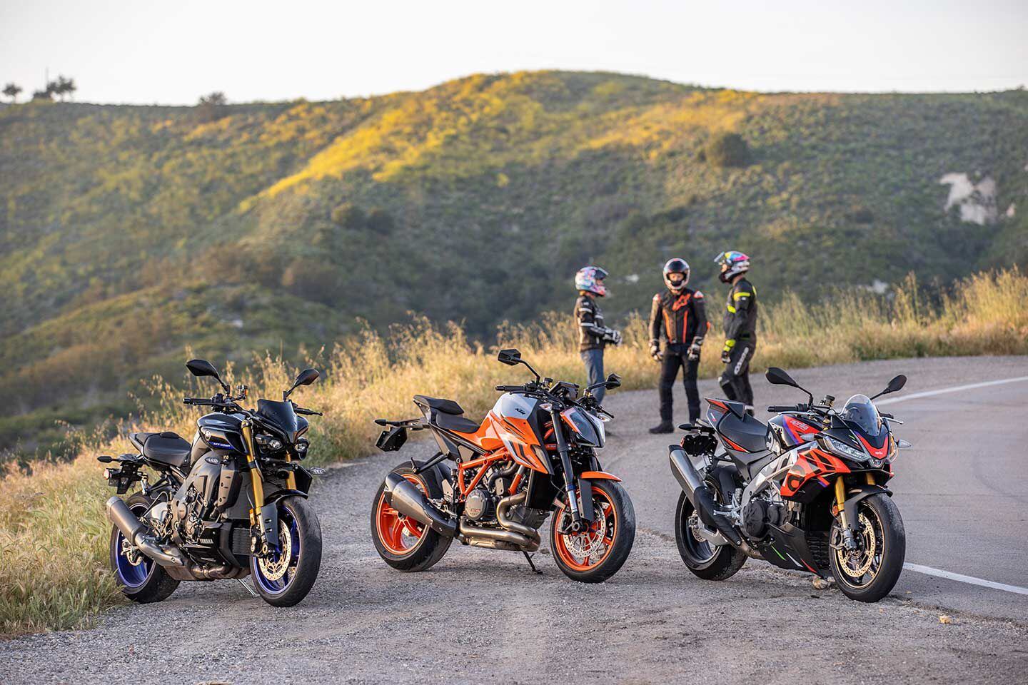 Part 1 of our two-part test included the Yamaha MT-10 SP, KTM 1290 Super Duke R Evo, and Aprilia Tuono V4 Factory 1100.