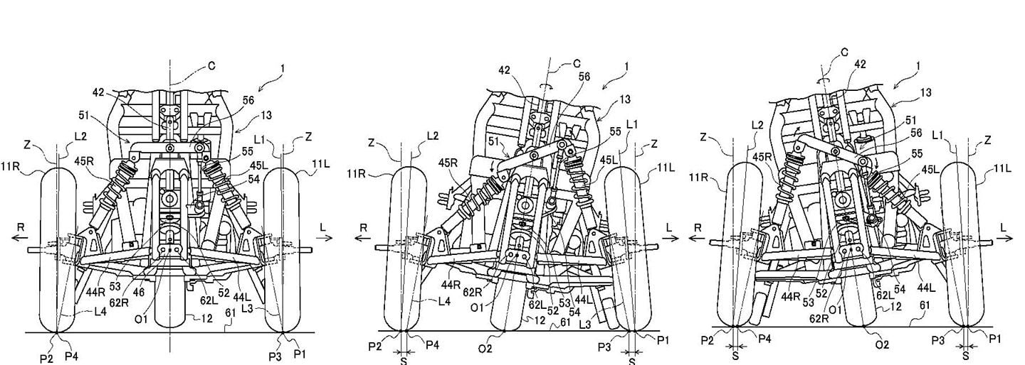 Here, you can see the trike suspension fully upright, while the center image shows it tilting to the rider's left and then to the rider's right.