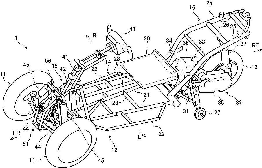 New patent documents show that Suzuki has made some changes to its tilting trike concept. In this illustration you can see the new rear outriggers, to help prevent a rollover.
