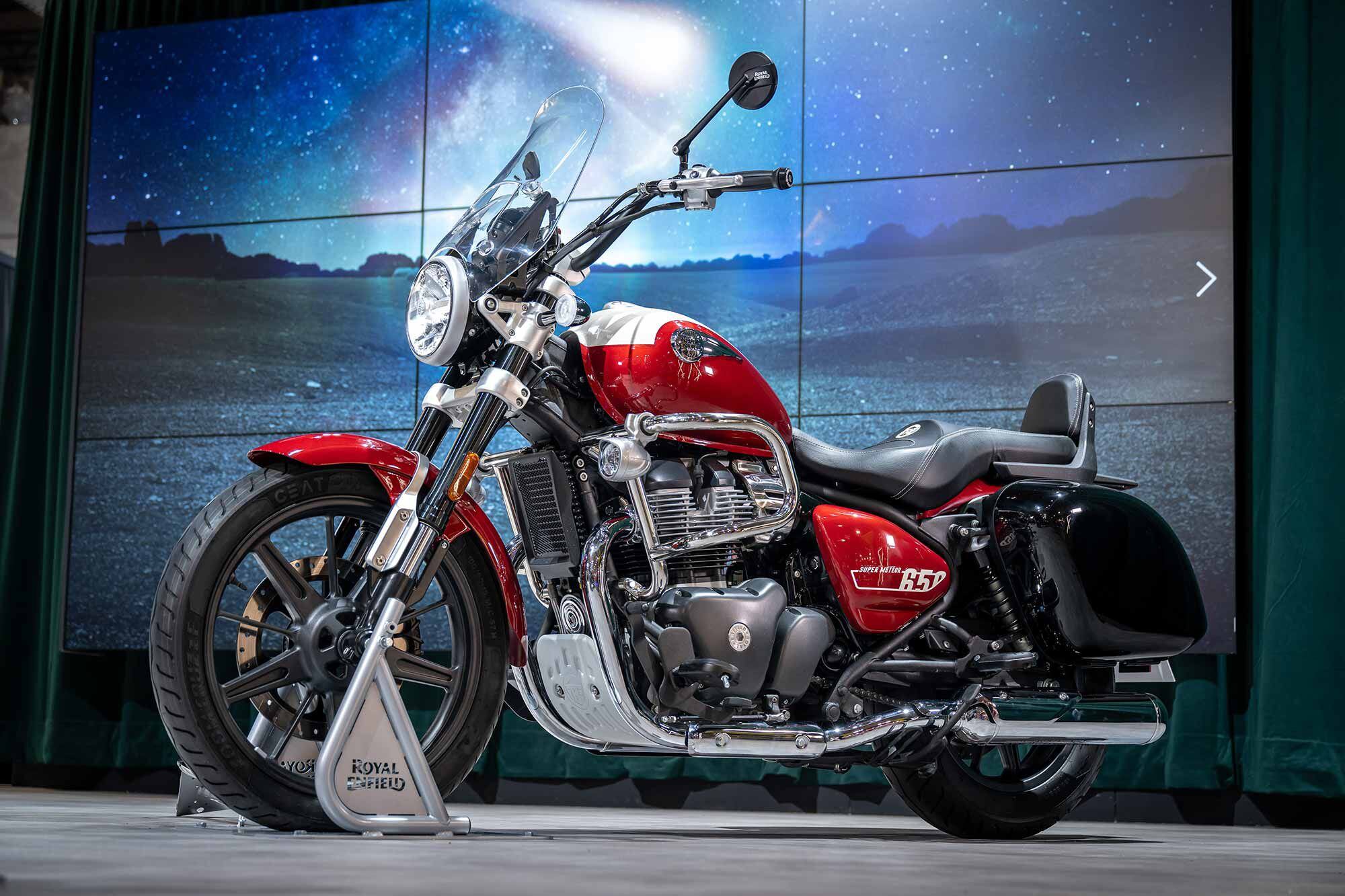 Royal Enfield unveiled the bike with a full suite of accessories, including backrest, windshield, and hard bags.