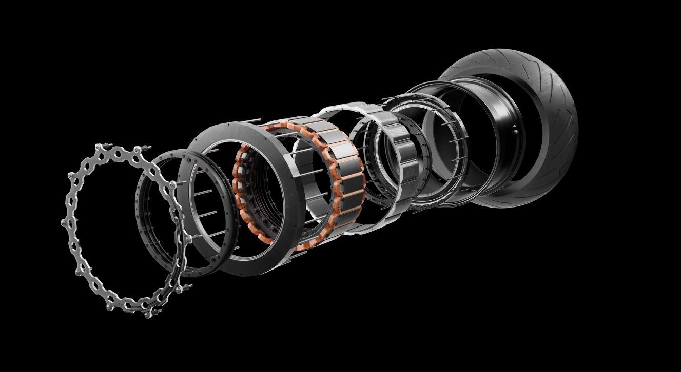 An exploded view of the motor that is incorporated into the rear wheel.