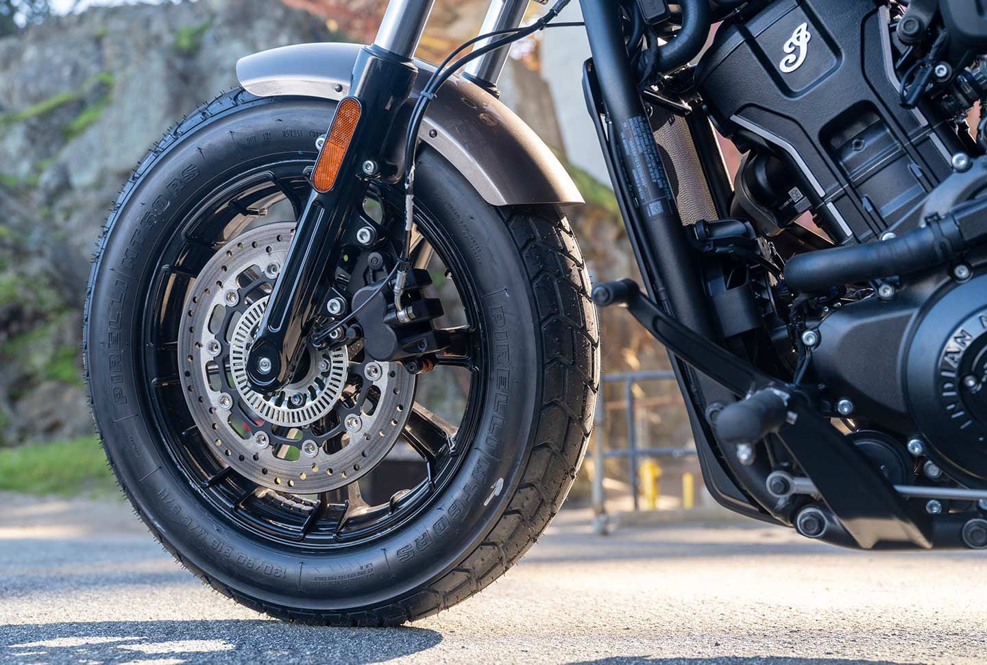All models besides the 101 Scout use a 298mm single front disc (shown). The 101 gets dual 320mm discs with Brembo calipers. Notice also the nonadjustable fork that’s standard on all but the 101 Scout.