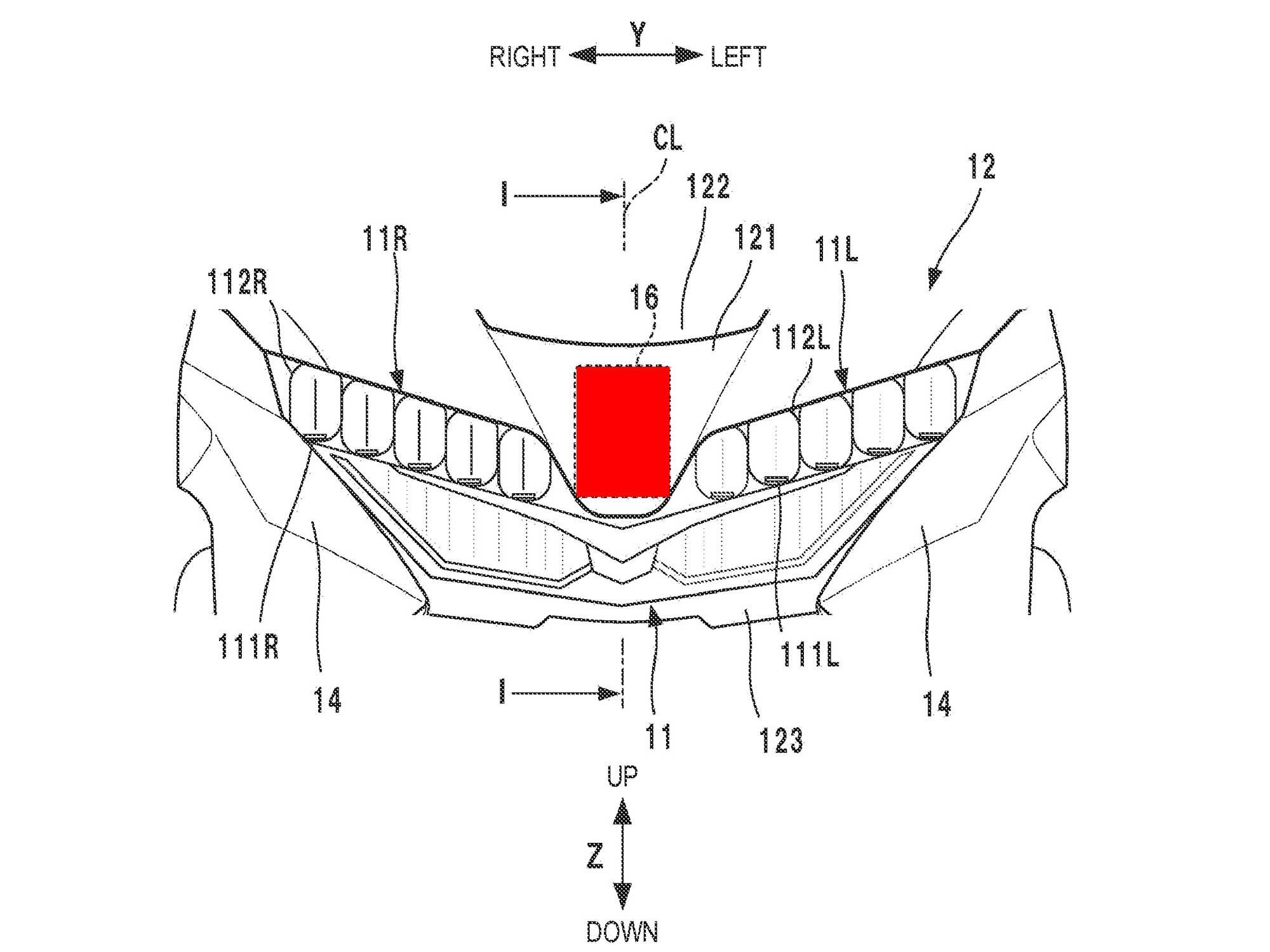 The drawings show Honda looking to locate the radar in front of the Wing’s fairing and between the headlights.