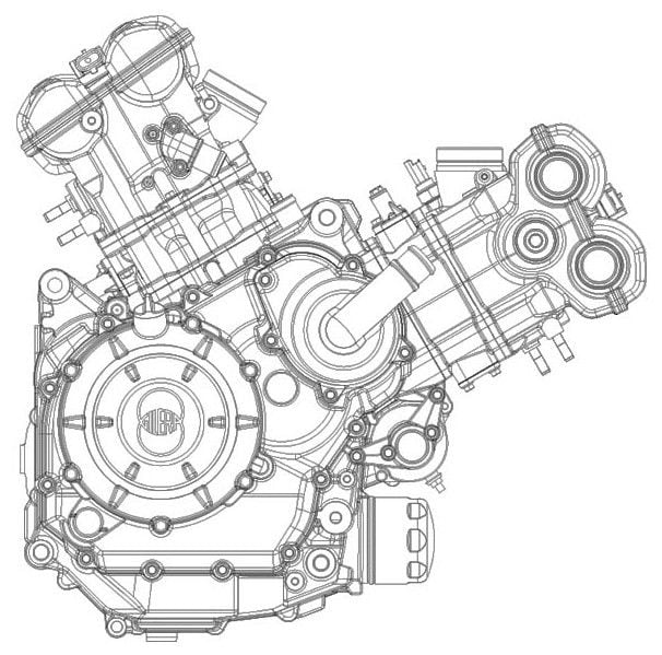 On the patents, the new engine is called the SV900, which further strengthens the assumption that a new 900cc model is in the works. Note Gilera nameplate on the case.